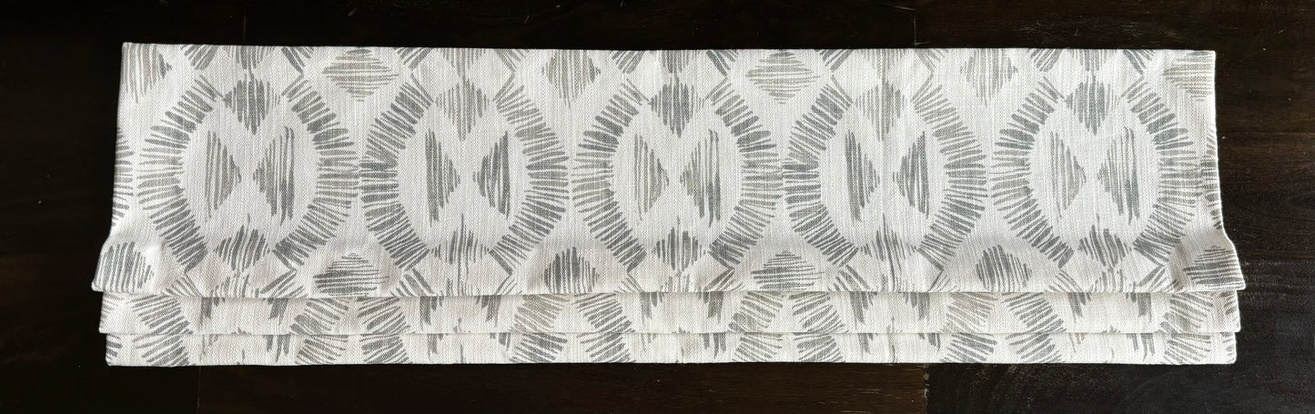 Faux Roman Shade Valance in Geometric Print of Grey and White on Premium Cotton Linen Fabric, Fully Lined, Custom Made