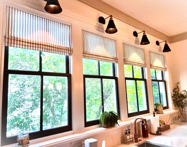 Faux Roman Shade Valance in Black or Grey and White Ticking Stripe, Fully Lined Custom Made