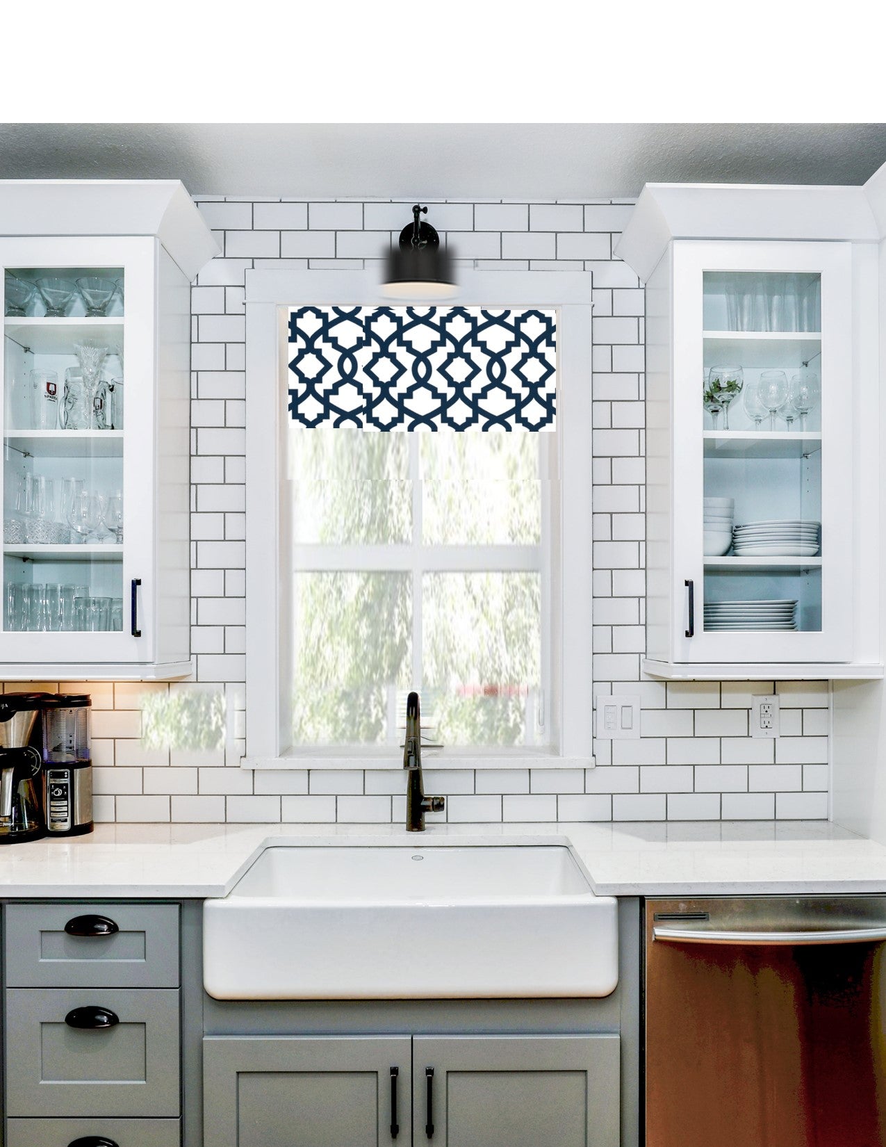 Straight Valance in Navy Blue and White Lattice Print, Custom Made, Fully Lined