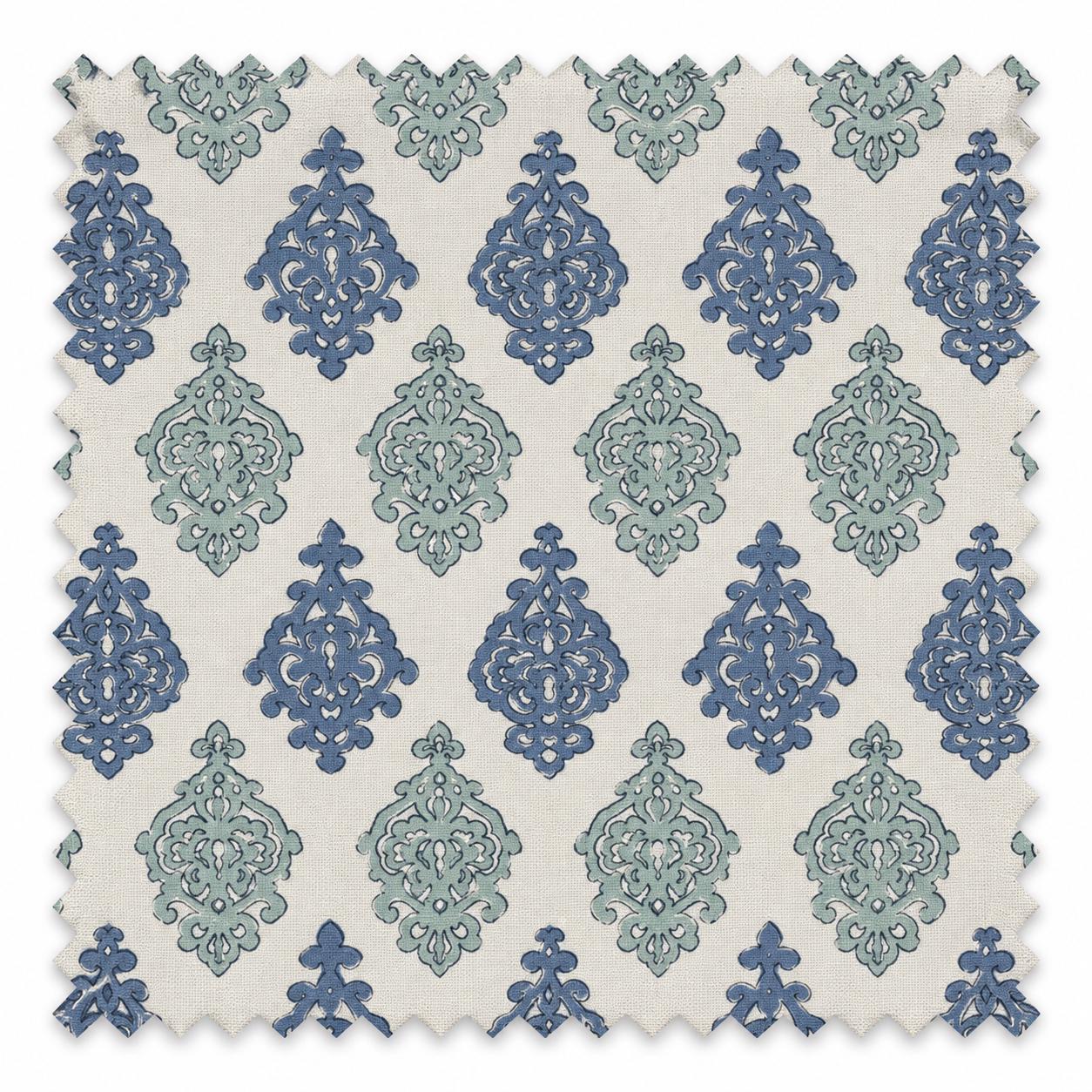 Modern Single Fold Roman Valance Slate Blue and Soft Seafoam Medallion Print on Natural Fabric, Fully Lined, Custom Made Curtain Valance