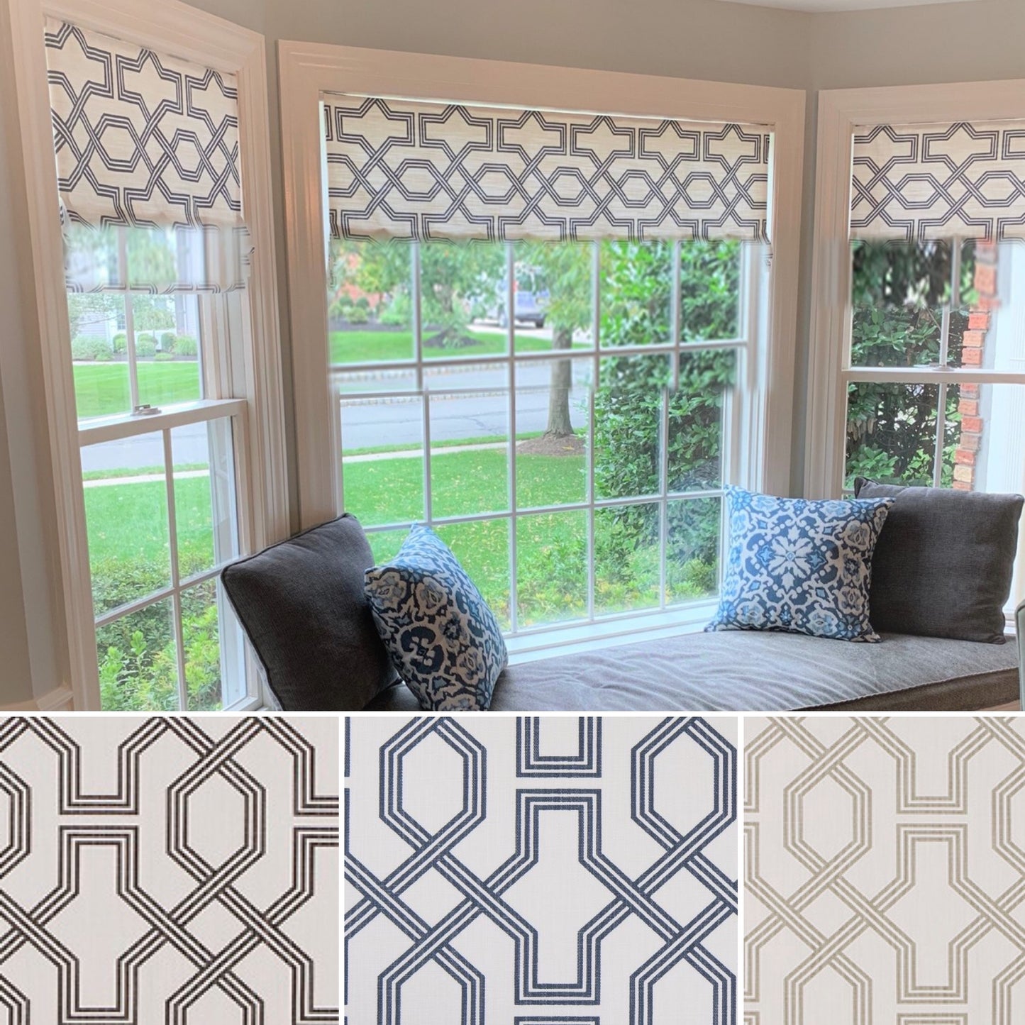 Straight Modern Valance Custom Made in Ander Blue or Graphite Grey and White Geometric Print on Premium Cotton Linen, Fully Lined