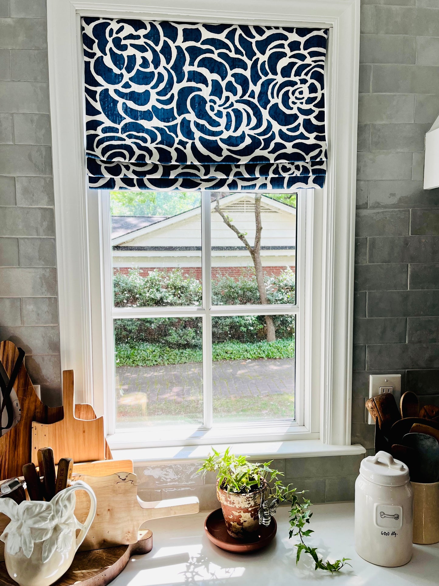Faux Roman Shade Valance in Navy Blue and White Floral or Caribbean Blue Floral Print Premium Cotton Linen Fabric, Fully Lined, Custom Made