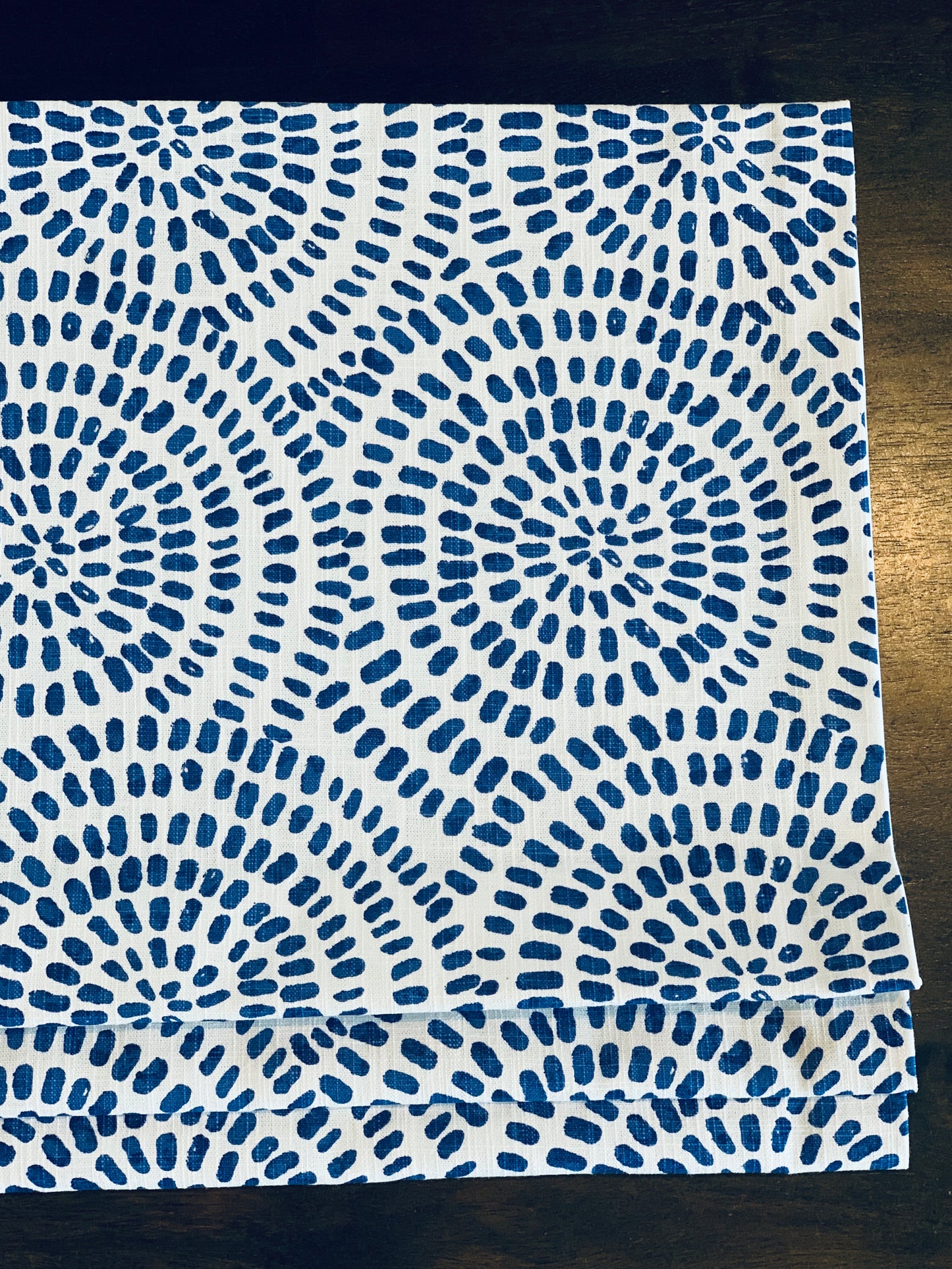 Faux Roman Shade Valance in Cecil Blue and White Graphic Circles on 100% Cotton Slub Canvas, Fully Lined Window Treatments