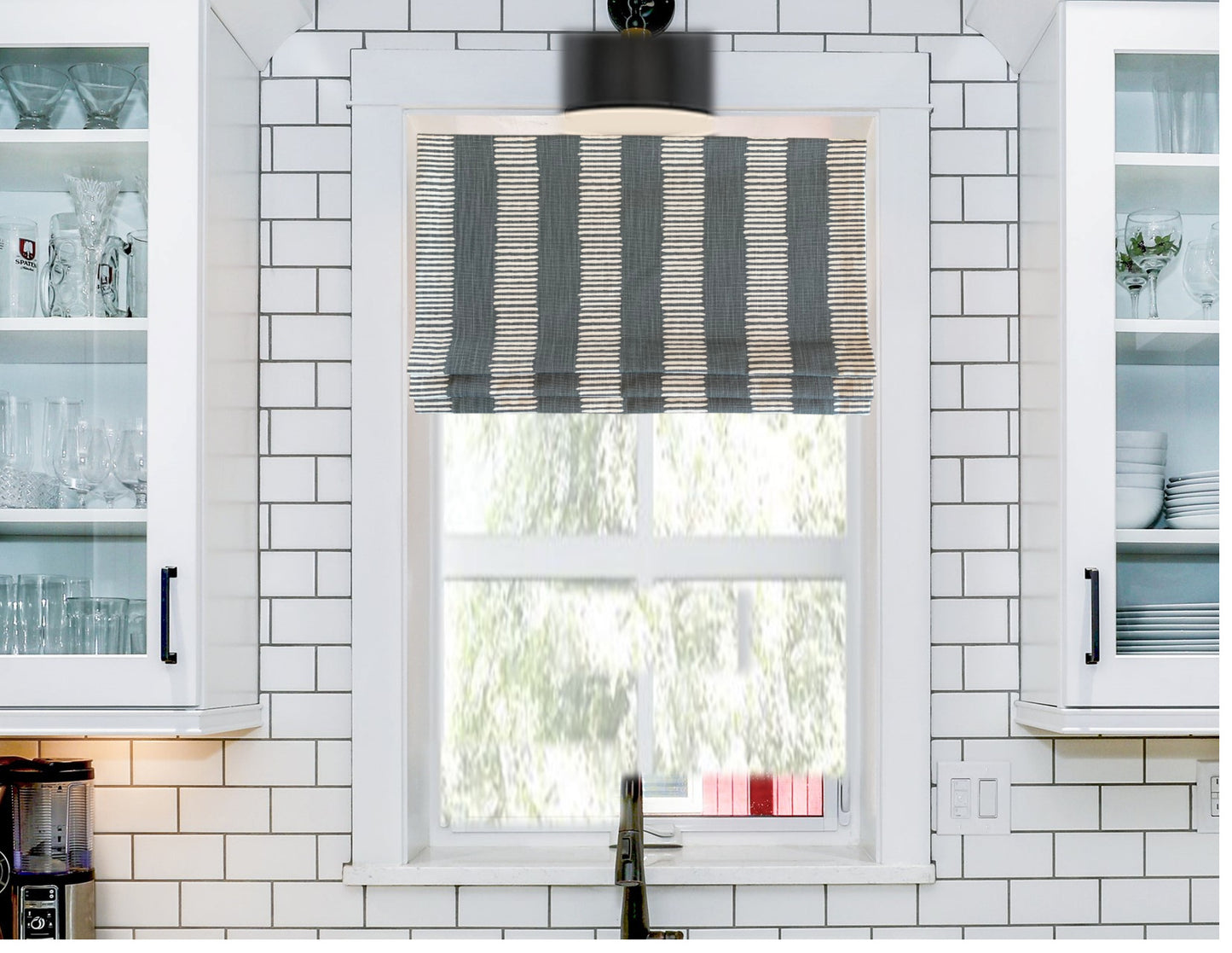 Faux Roman Shade Valance in Iron Grey or Brazilian Yellow and White Dash Print on Premium Slub Linen Fabric, Custom Made. Fully Lined