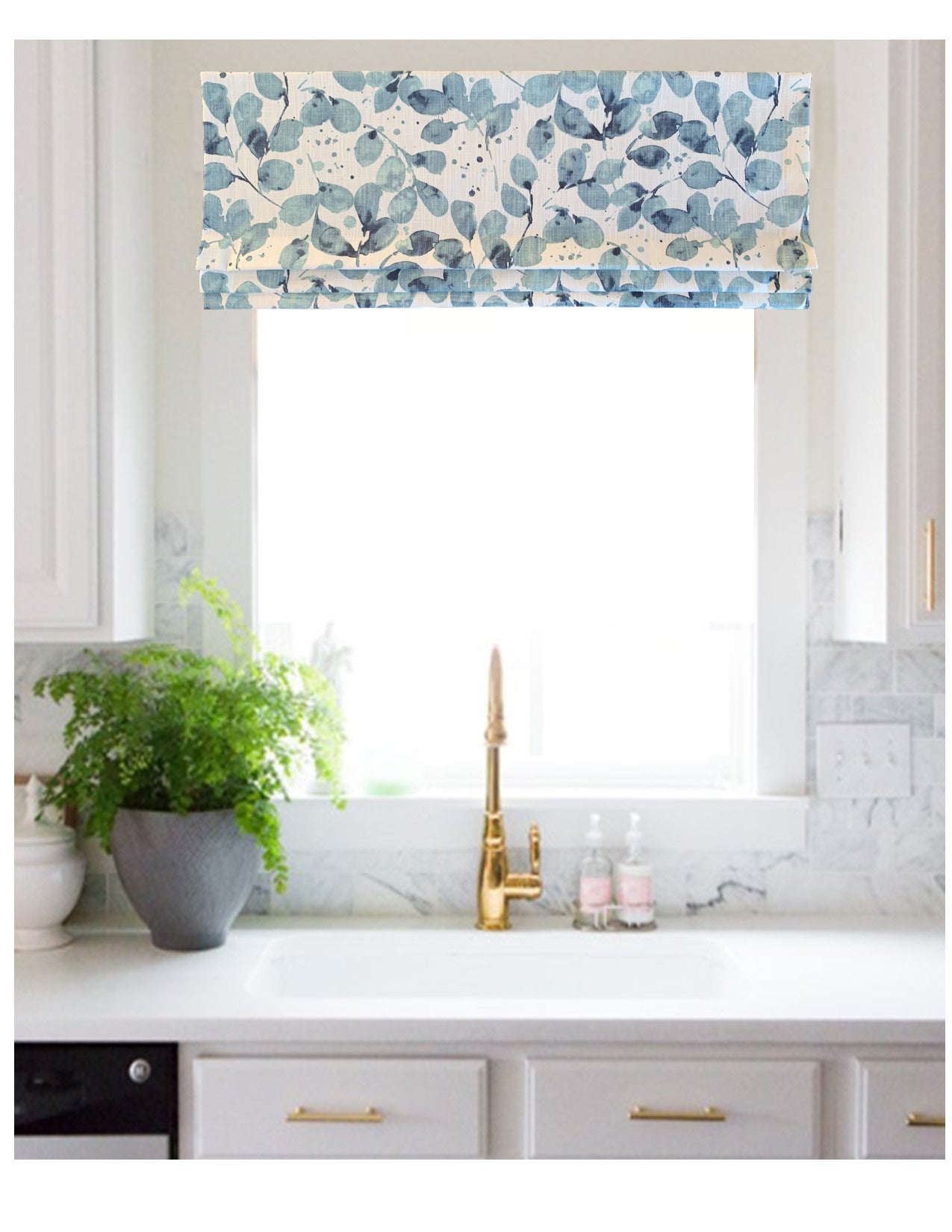 Faux Roman Shade Valance in Botanical Prints of Blue, Green or Grey and White, 100% Cotton Canvas, Fully Lined, Custom Made