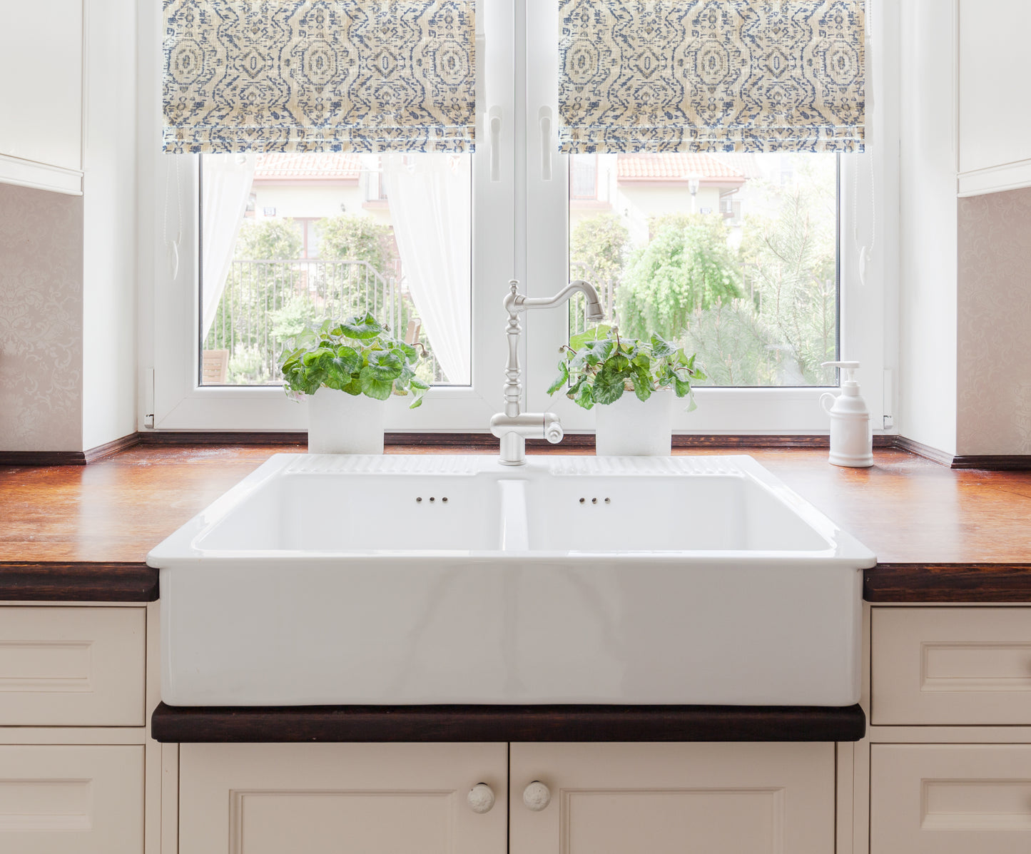 Faux Roman Shade Valance in Jazmin Space Blue and Gray Taupe Print on Premium Cotton Linen, Fully Lined, Custom Made, Modern Native Jazmin Print