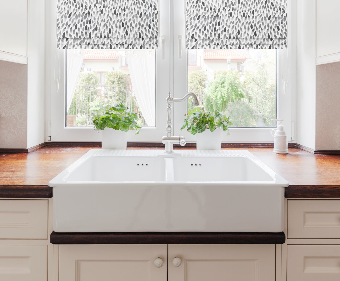 Faux Roman Shade Valance in Lotus Grey and White Print, Fully Lined, Custom Made Modern Valance, zen nature fabric collection