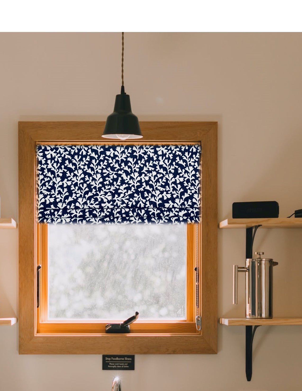 Custom Made Faux Roman Shade Valance in Sea Reef Blue, Navy or Gray and White Cotton Slub, Fully Lined, Coastal Reef Print