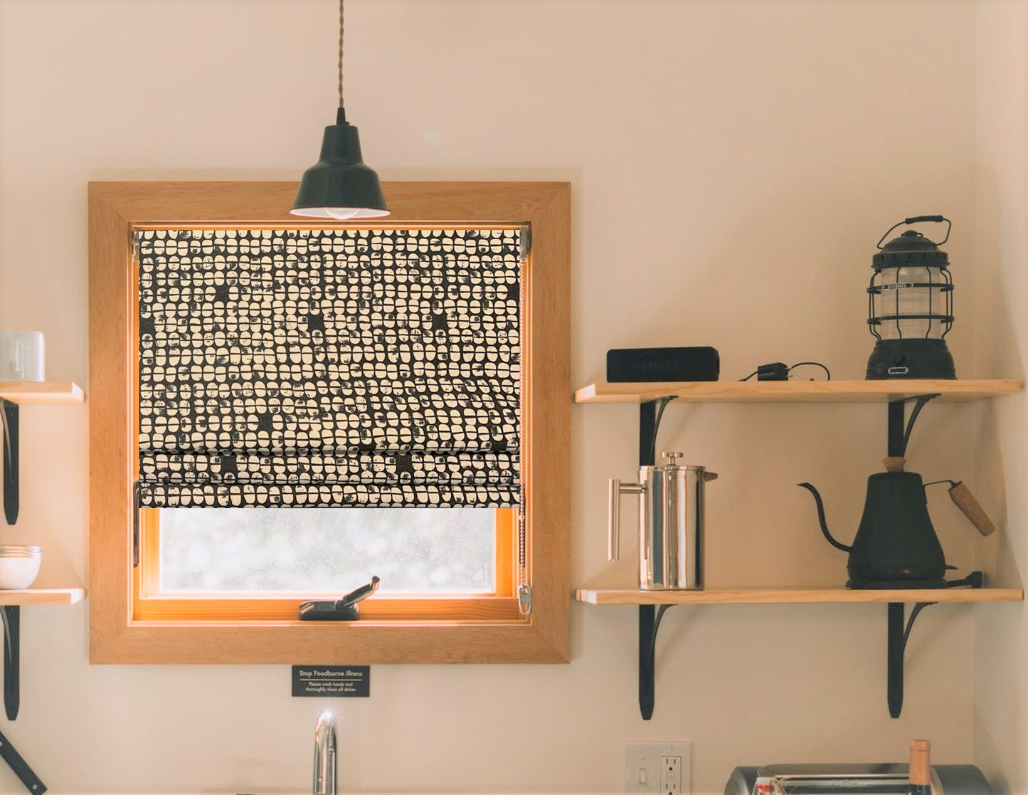 Faux Roman Shade Valance in Black and Natural or Blue and White Rustic Print on Premium Cotton Linen, Custom Made, Fully Lined