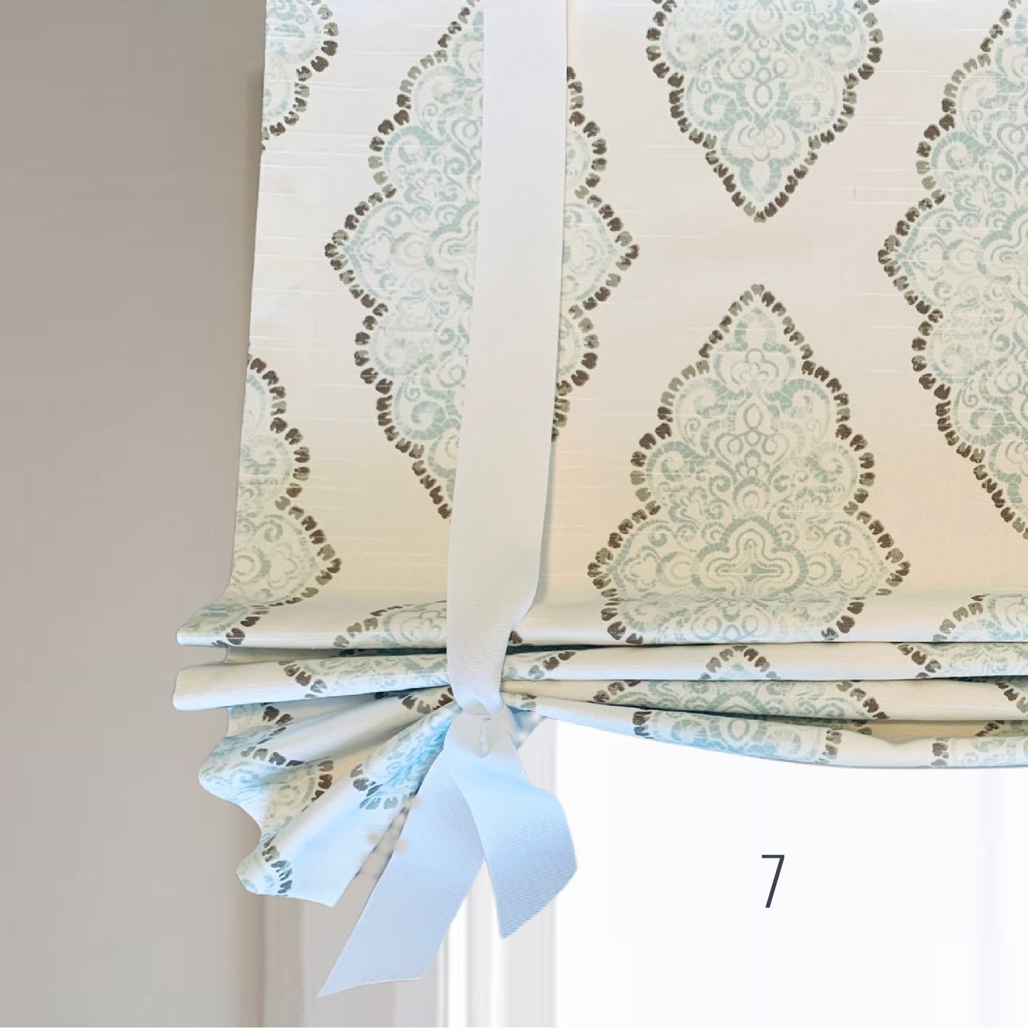 Custom Made, Fully Lined Tie Up Valance in Soft Blue and White Prints, 100% Cotton, Relaxed Faux Roman Shade Valance
