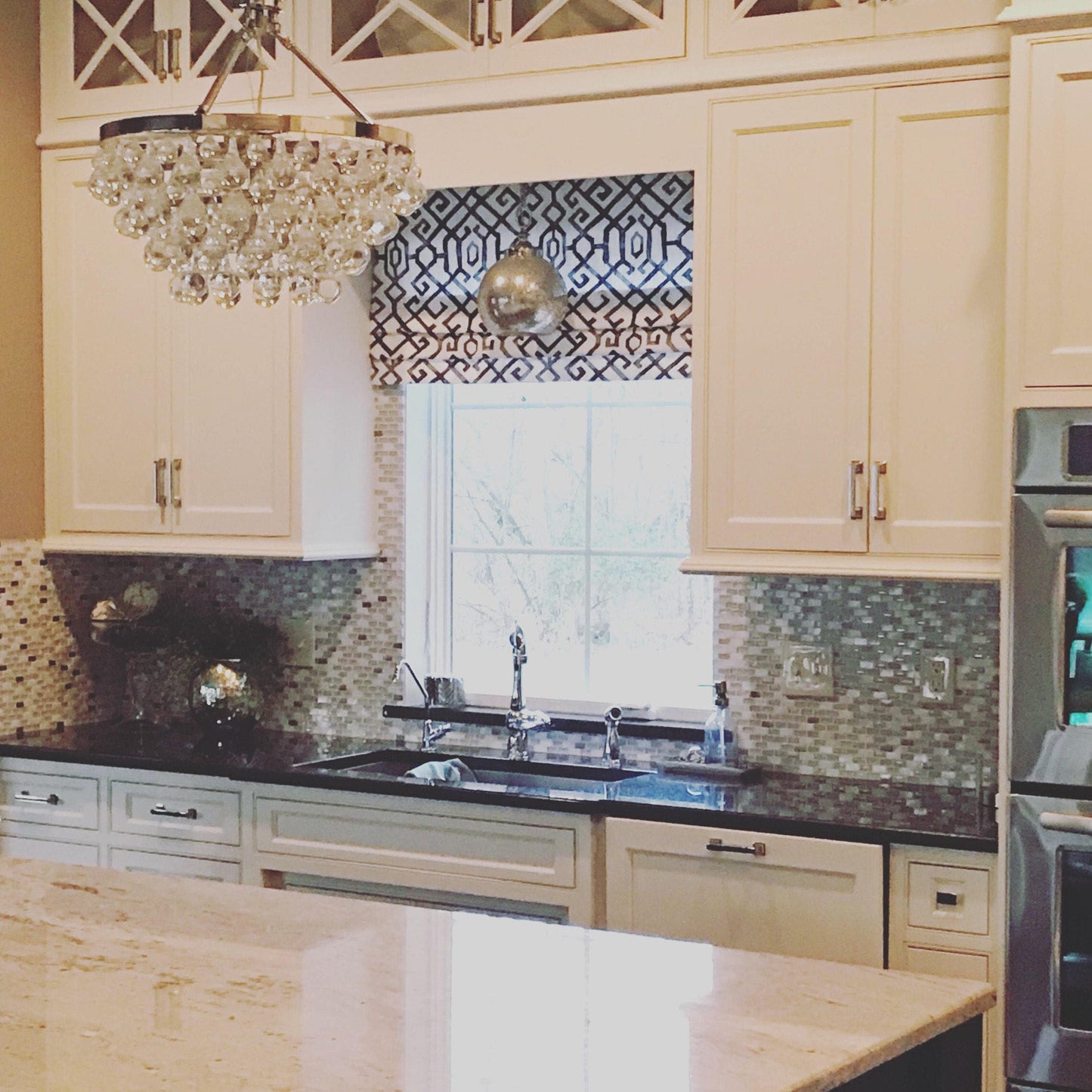 Faux Roman Shade Valance in Modern Blue and White Trellis Print, Fully Lined