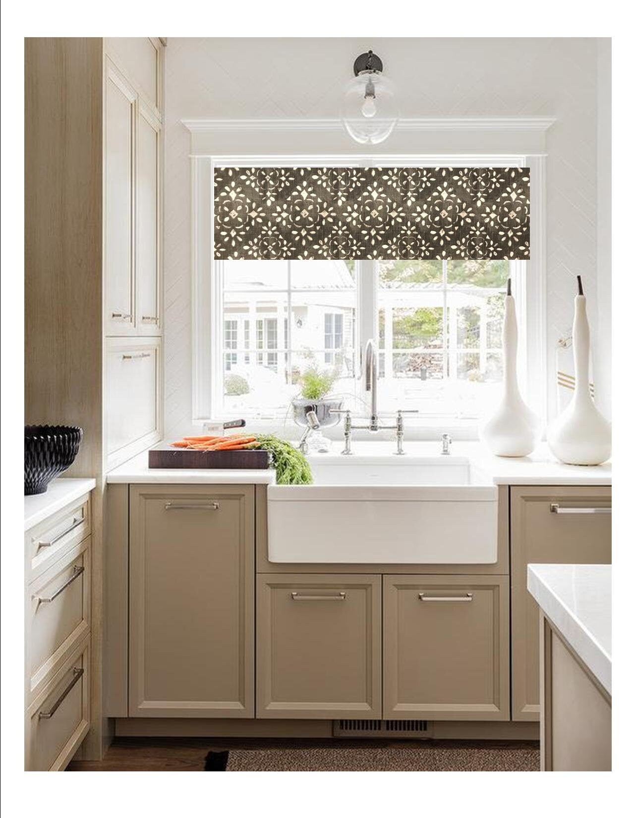 Straight Valance in Charcoal Grey and White or Blue and White Stencil Print, Fully Lined, Custom Made Modern Farmhouse Kitchen Valance