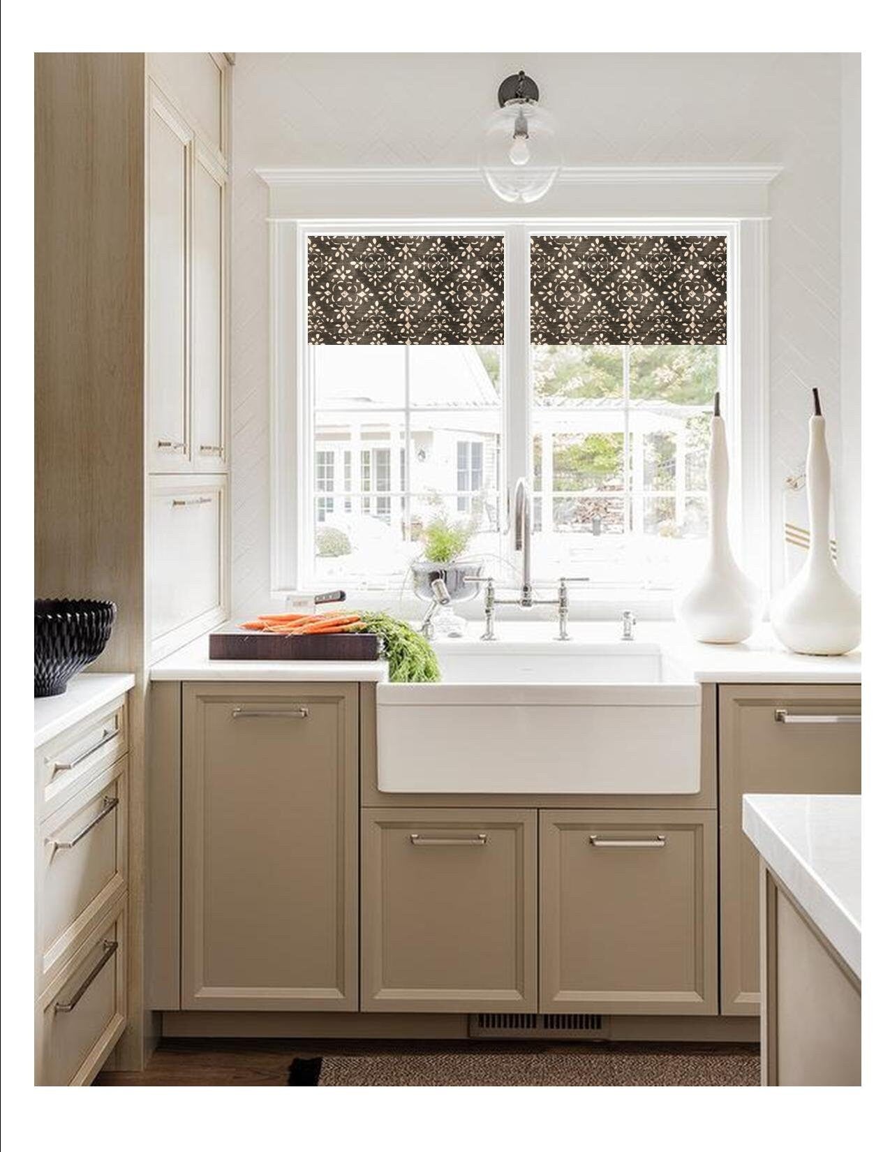 Faux Roman Shade Valance in Charcoal Grey or Blue and White Stencil Print, Fully Lined, Custom Made Farmhouse Kitchen Valance, Ready to Hang