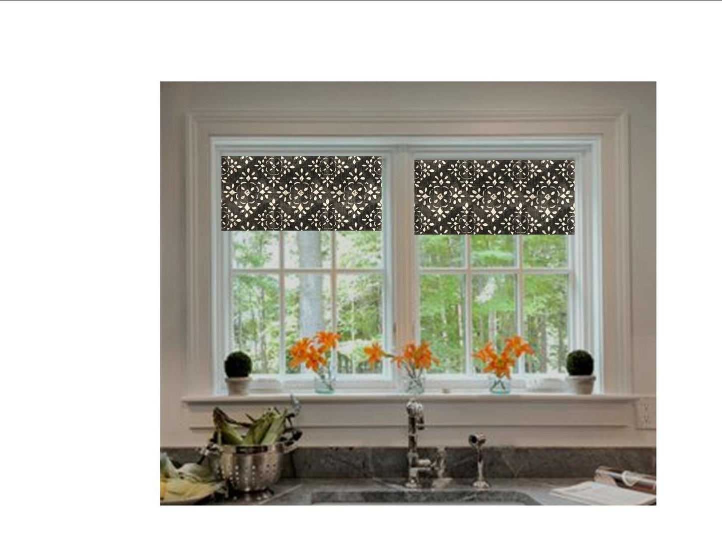 Straight Valance in Charcoal Grey and White or Blue and White Stencil Print, Fully Lined, Custom Made Modern Farmhouse Kitchen Valance