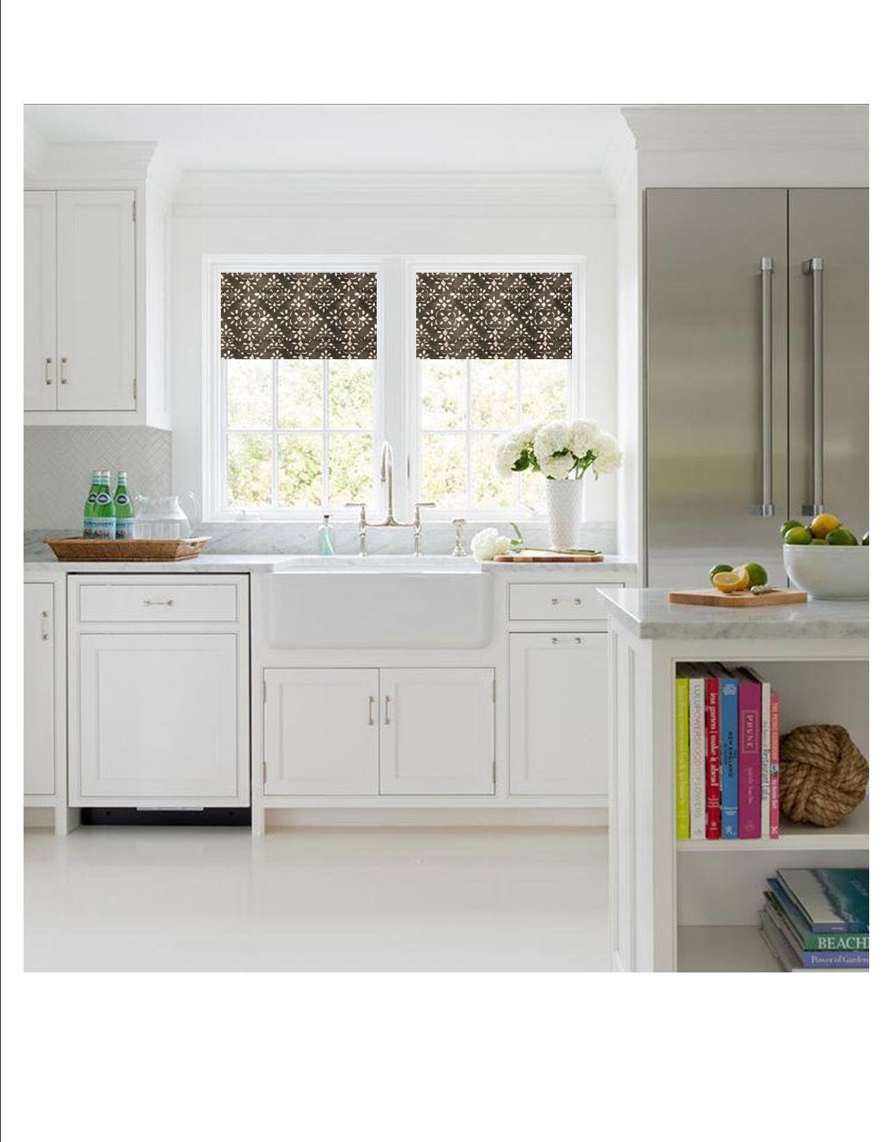 Faux Roman Shade Valance in Charcoal Grey or Blue and White Stencil Print, Fully Lined, Custom Made Farmhouse Kitchen Valance, Ready to Hang