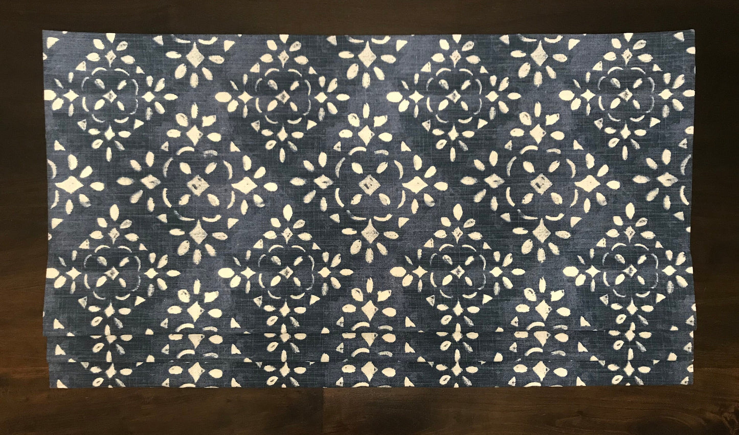 Faux Roman Shade Valance in Charcoal Grey or Blue and White Stencil Print, Fully Lined, Custom Made Farmhouse Kitchen Valance, Ready to Hang