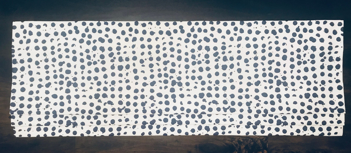 Faux Roman Shade Valance in Pebbles Navy Blue & White Print, Fully Lined Custom Made Modern Kitchen Valance Polka Dot
