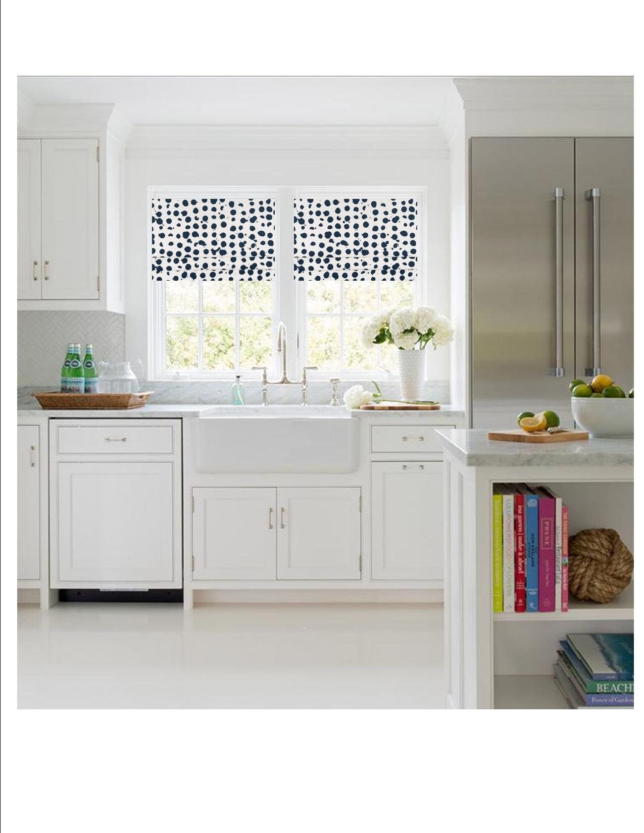 Faux Roman Shade Valance in Pebbles Navy Blue & White Print, Fully Lined Custom Made Modern Kitchen Valance Polka Dot