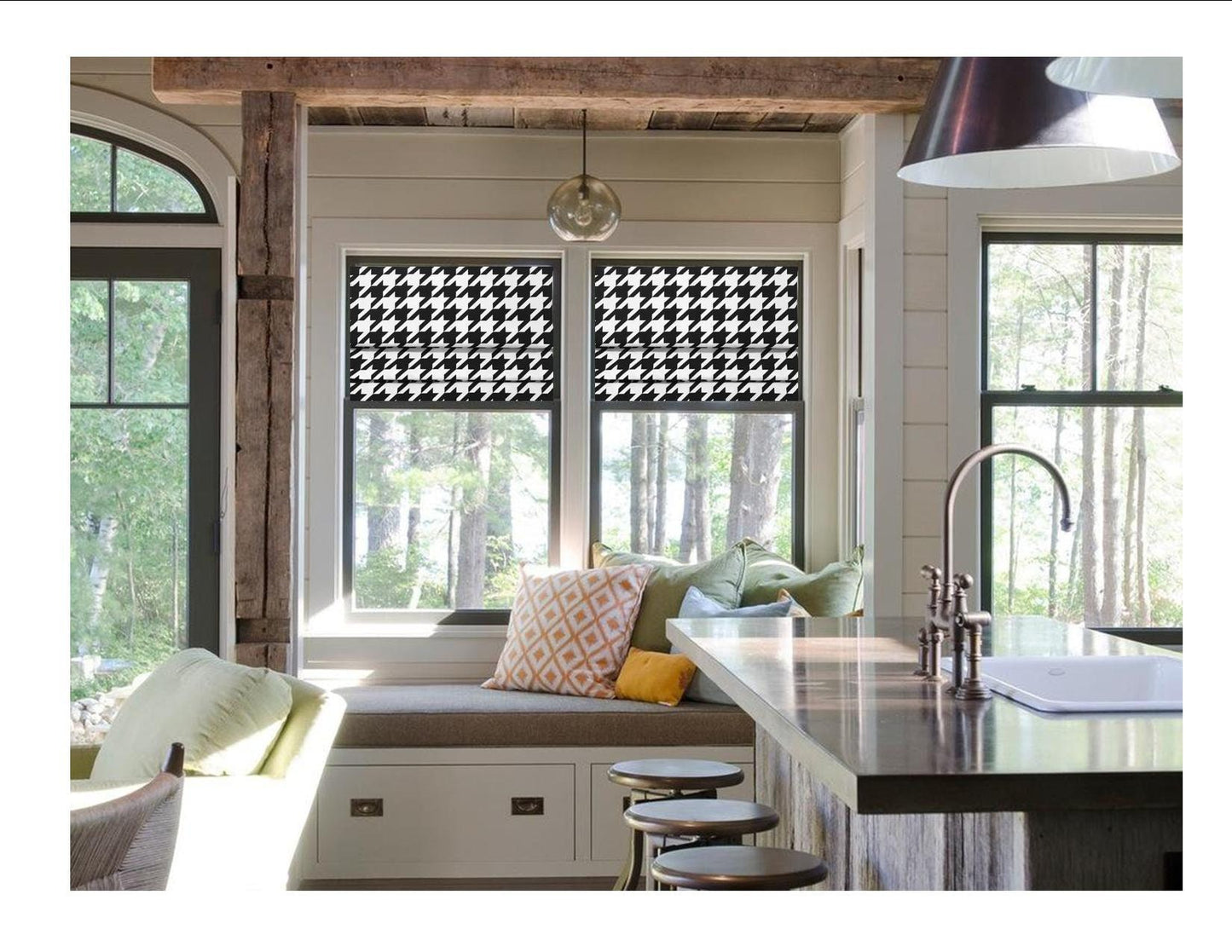 Faux Roman Shade Valance in Modern Black & White Jumbo Houndstooth Print, Premium Cotton Linen, Fully Lined, Custom Made Valance