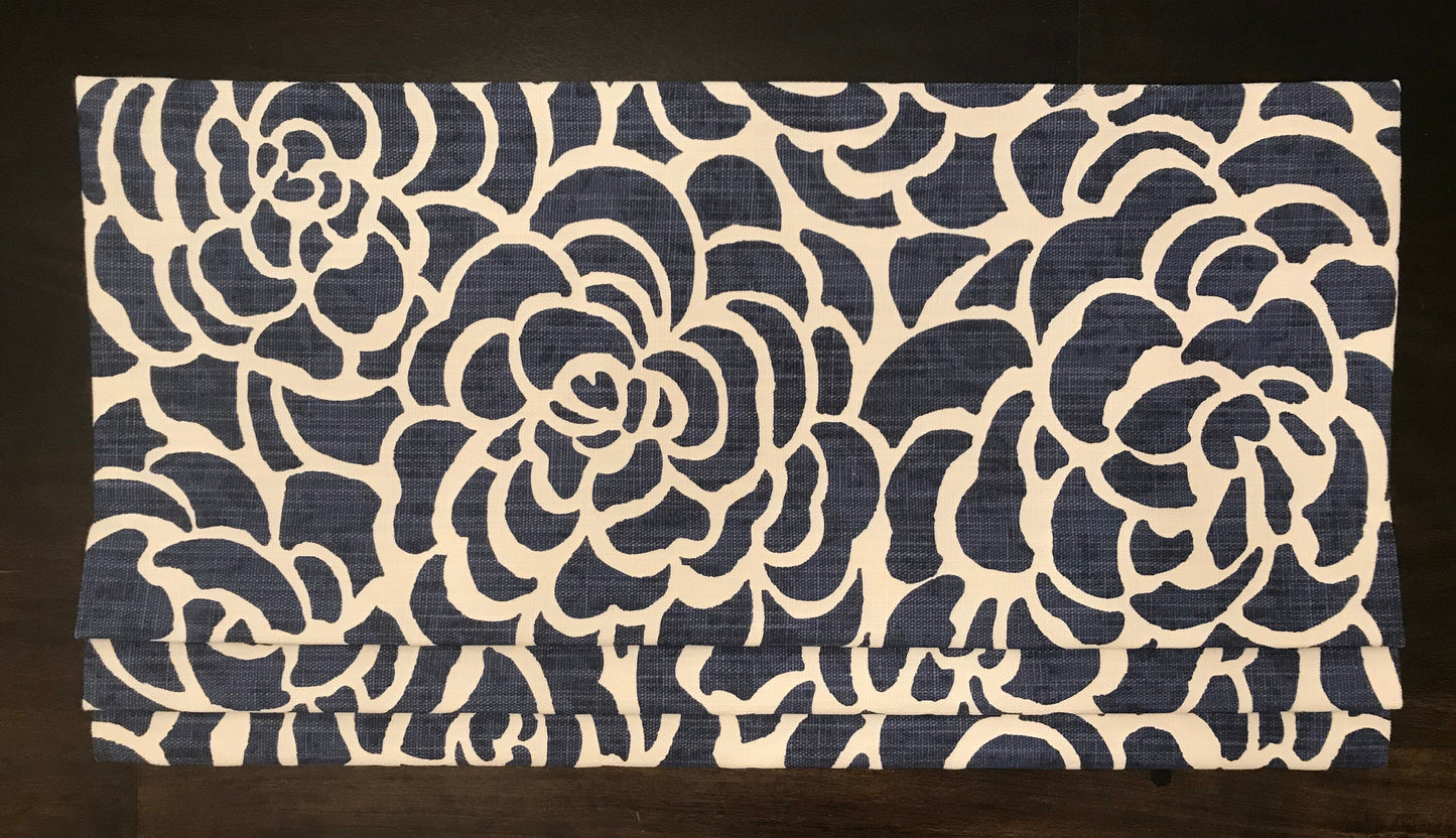 Faux Roman Shade Valance in Navy Blue and White Floral or Caribbean Blue Floral Print Premium Cotton Linen Fabric, Fully Lined, Custom Made