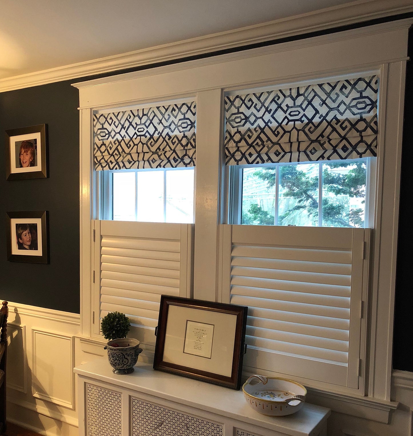 Faux Roman Shade Valance in Modern Blue and White Trellis Print, Fully Lined