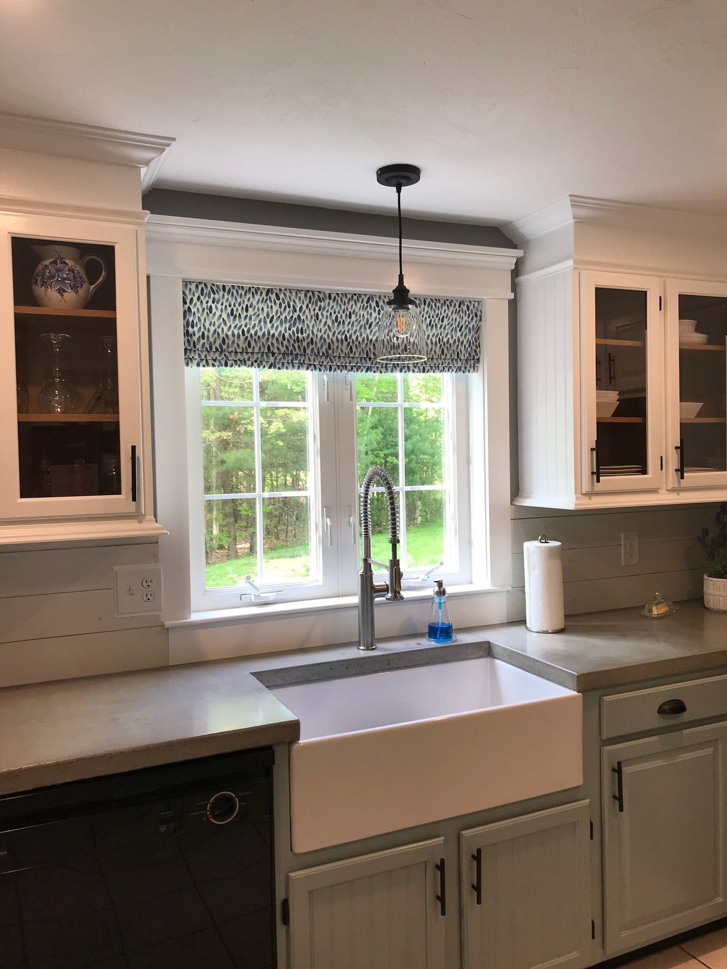 Faux Roman Shades and Valances in Lotus Blue or Grey Print, Fully Lined, Custom Made Modern Kitchen Valance, Blue, Aqua, Gray, White