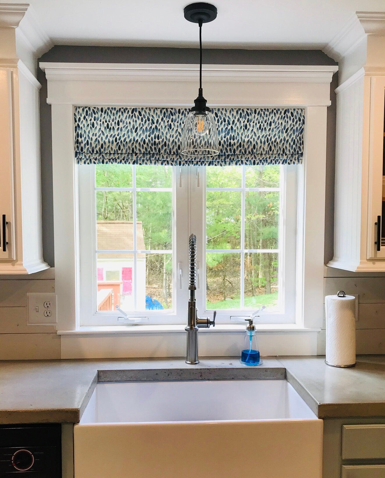 Faux Roman Shades and Valances in Lotus Blue or Grey Print, Fully Lined, Custom Made Modern Kitchen Valance, Blue, Aqua, Gray, White