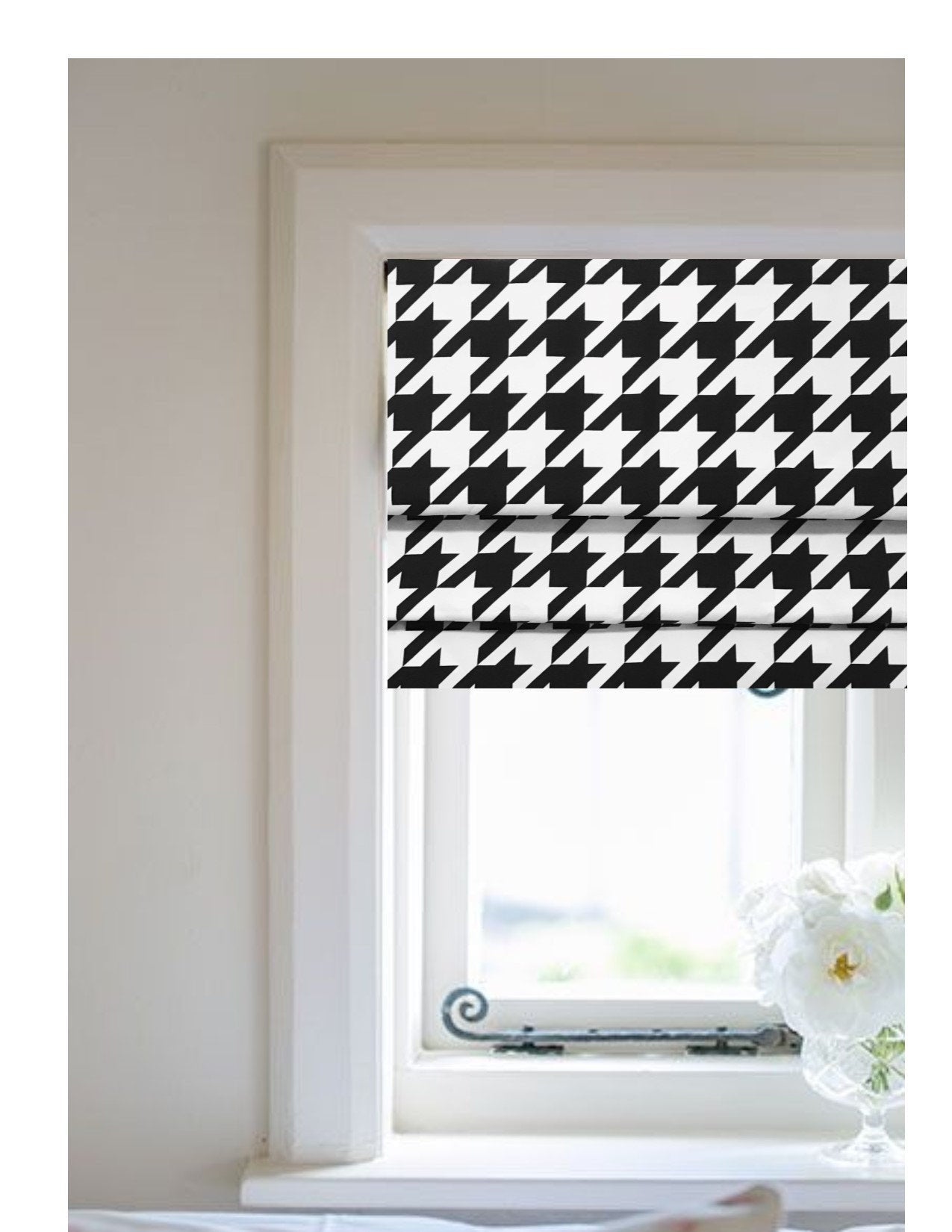 Faux Roman Shade Valance in Modern Black & White Jumbo Houndstooth Print, Premium Cotton Linen, Fully Lined, Custom Made Valance