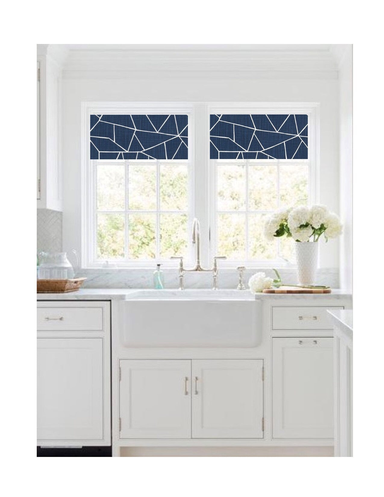 Straight Custom Valance in Modern Cut Glass Print, Navy, Black, Grey and White on Cotton Slub Canvas, Fully Lined Kitchen Window Treatments