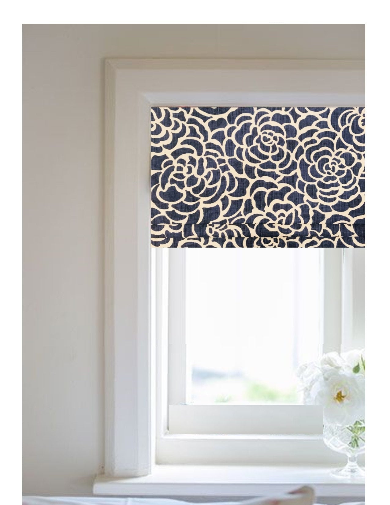Faux Roman Shade Valance in Navy Blue and White Floral or Caribbean Blue Floral Print Premium Cotton Linen Fabric, Fully Lined, Custom Made