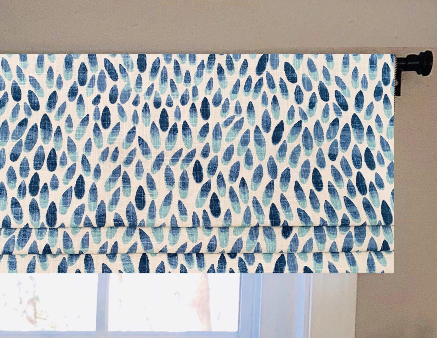 Faux Roman Shades and Valances in Lotus Blue or Grey Print, Fully Lined, Custom Made Modern Kitchen Valance, Blue, Aqua, Gray, White