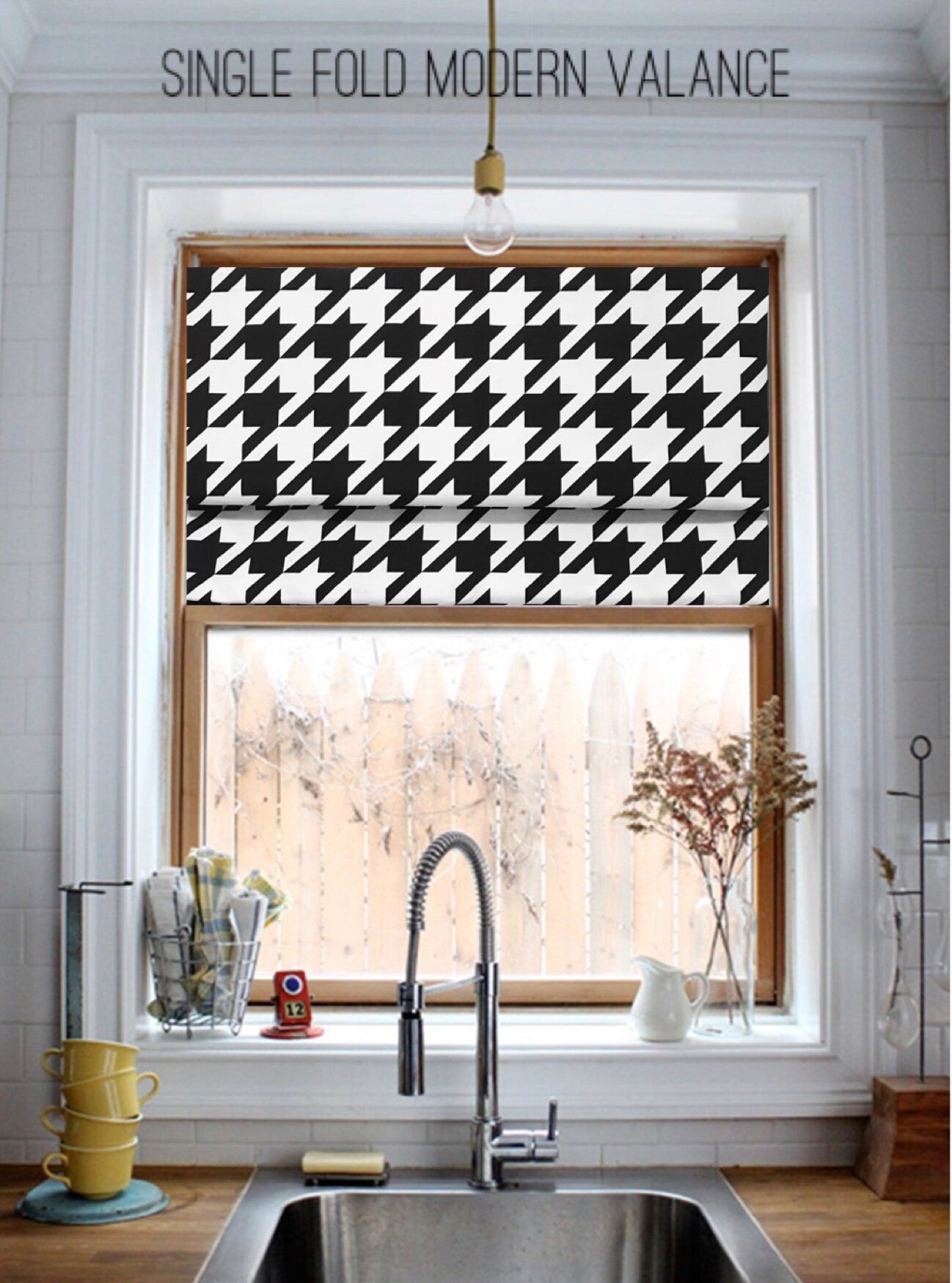 Faux Roman Shade Valance in Modern Black & White Jumbo Houndstooth Print, Premium Cotton Linen, Fully Lined, Custom Made Valance