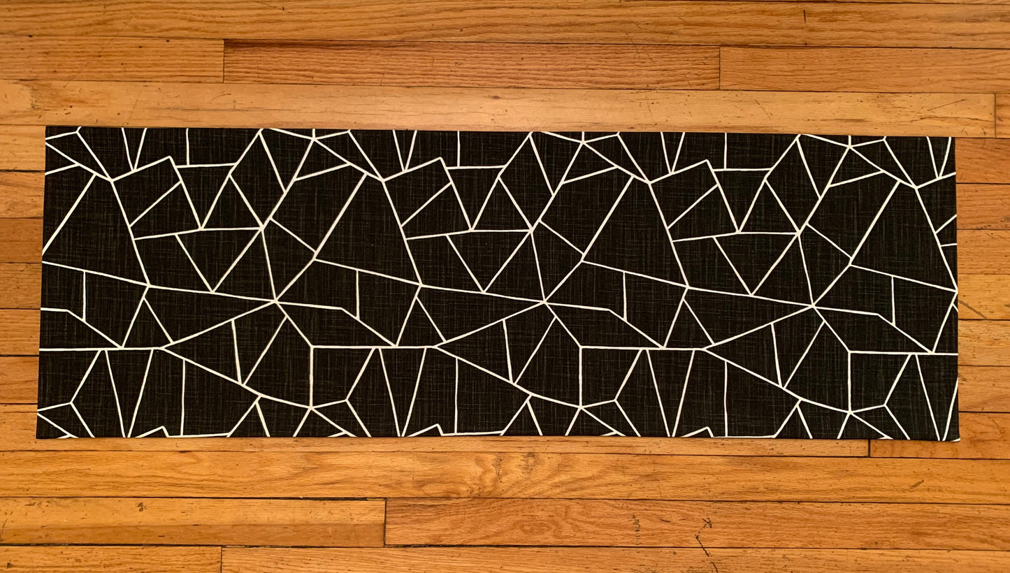 Straight Custom Valance in Modern Cut Glass Print, Navy, Black, Grey and White on Cotton Slub Canvas, Fully Lined Kitchen Window Treatments