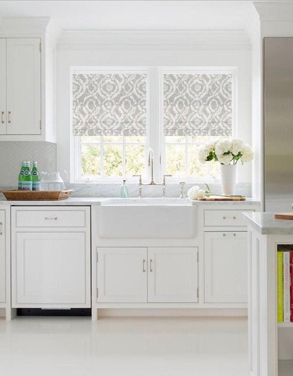 Faux Roman Shade Valance in Braylon French GreyTrellis Print, Custom Made in 100% Cotton Slub Canvas, Fully Lined, Kitchen Valance Curtains