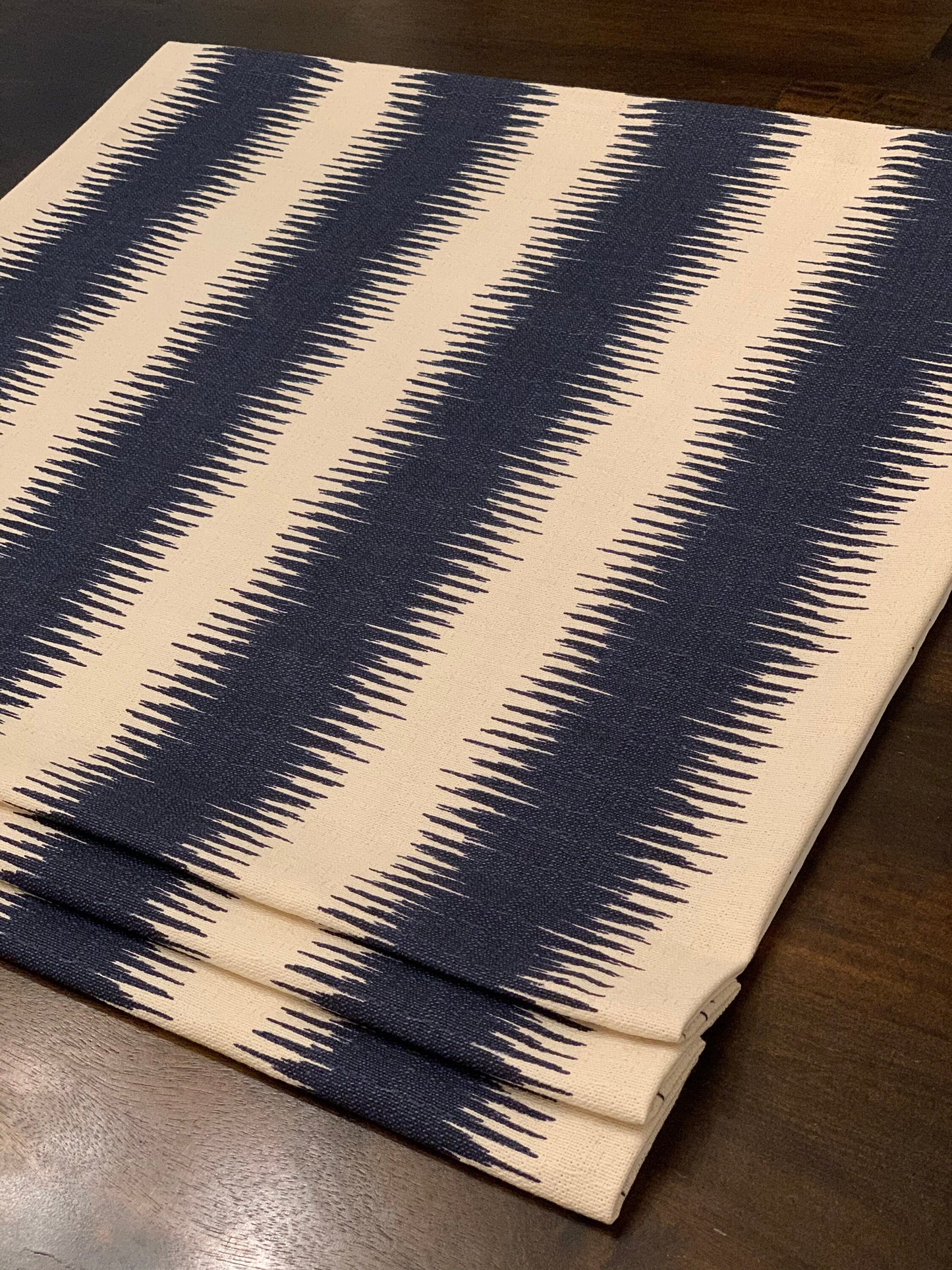 Faux Roman Shade Valance in Navy Blue Ikat Stripe on Birch/Ivory Textured Cotton (similar to bark cloth), Fully Lined, Custom Made Valance