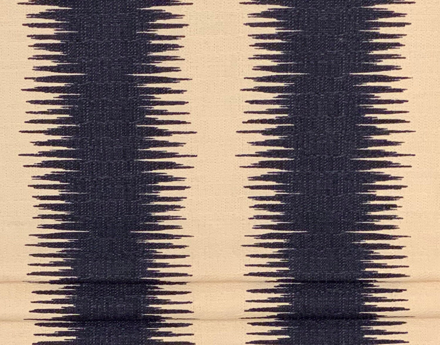 Faux Roman Shade Valance in Navy Blue Ikat Stripe on Birch/Ivory Textured Cotton (similar to bark cloth), Fully Lined, Custom Made Valance