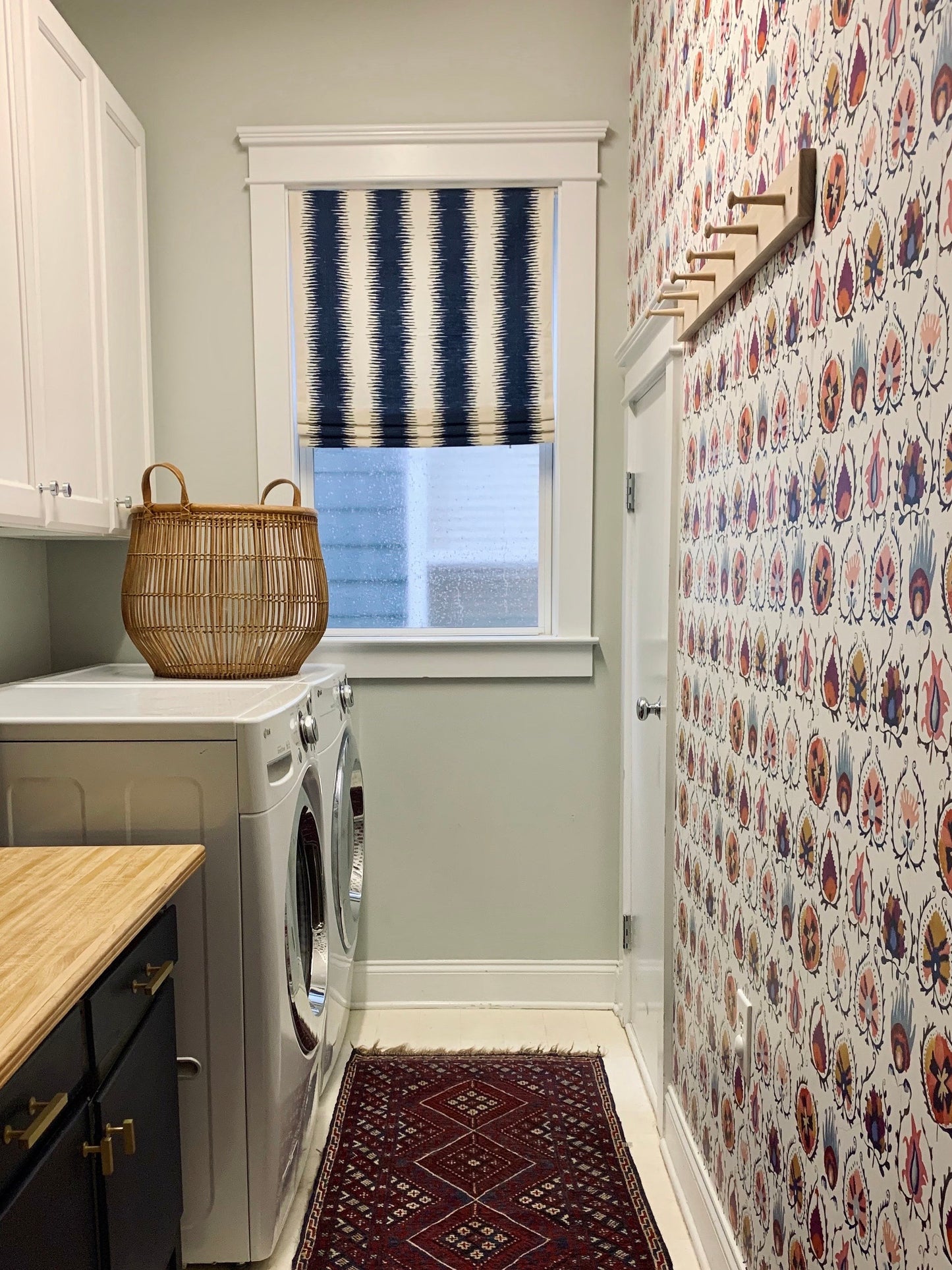 Faux Roman Shade Valance in Navy Blue Ikat Stripe on Birch/Ivory Textured Cotton (similar to bark cloth), Fully Lined, Custom Made Valance