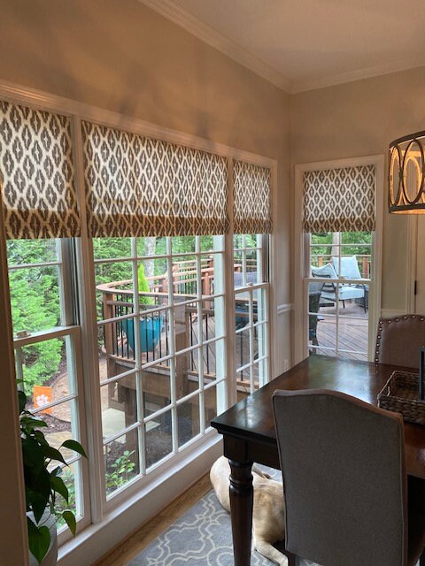 Faux Roman Shade Valance in Dove Grey, Cream, Gold Ikat Pattern on 100% Cotton, Fully Lined, Custom Made Window Treatment Curtains