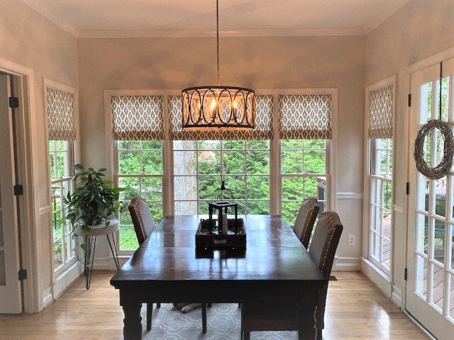 Faux Roman Shade Valance in Dove Grey, Cream, Gold Ikat Pattern on 100% Cotton, Fully Lined, Custom Made Window Treatment Curtains