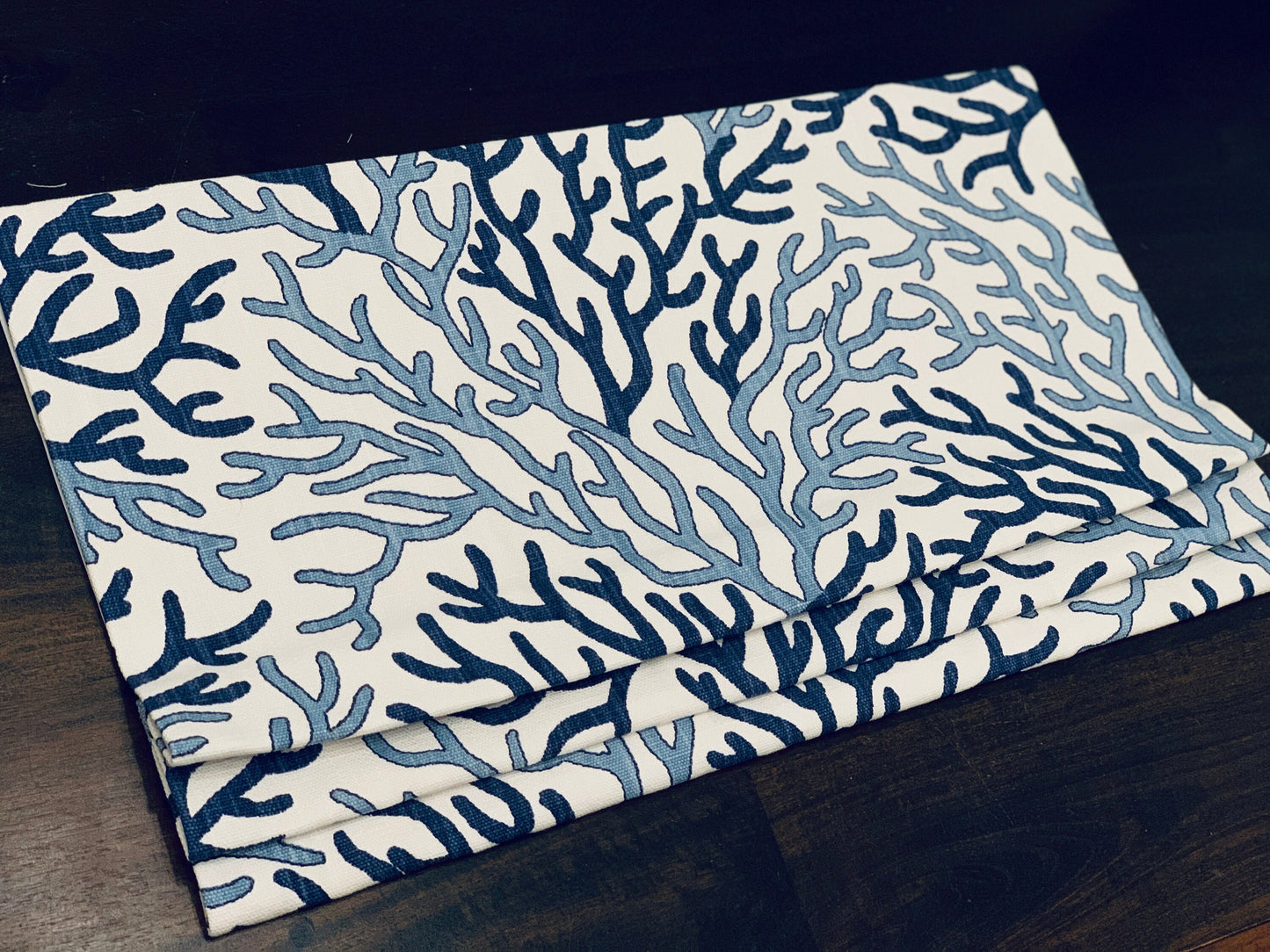 Faux Roman Shade Valance in Blue Coral Reef Print, Custom Made on Luxe Linen Cotton Fabric, Fully Lined Custom Window Treatmets, Curtains