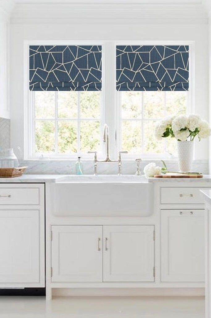 Faux Roman Shade Valance in Geometric Cut Glass Mosaic Pattern, Fully Lined Custom Made in Navy Blue, Black or Grey, Modern Kitchen Curtains
