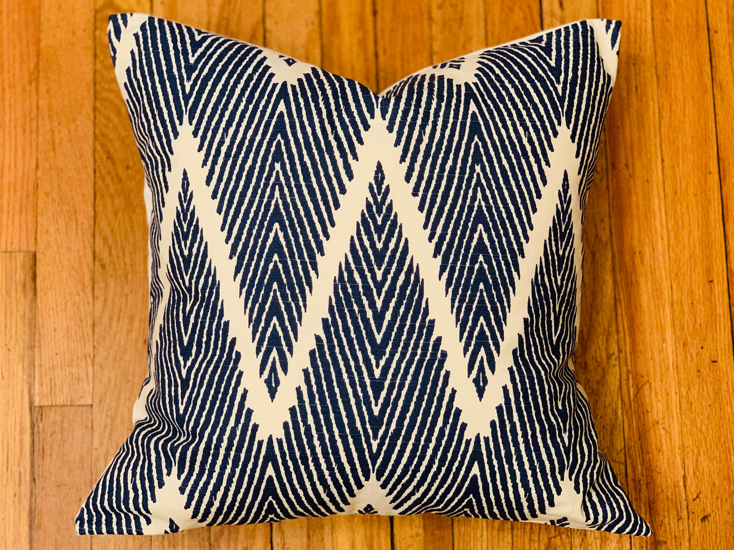 20" Decorative Pillow Cover in Vibrant Navy and Off White Ikat Chevron Print on Premium Lacefield Designs 100% Cotton Fabric, Custom Made
