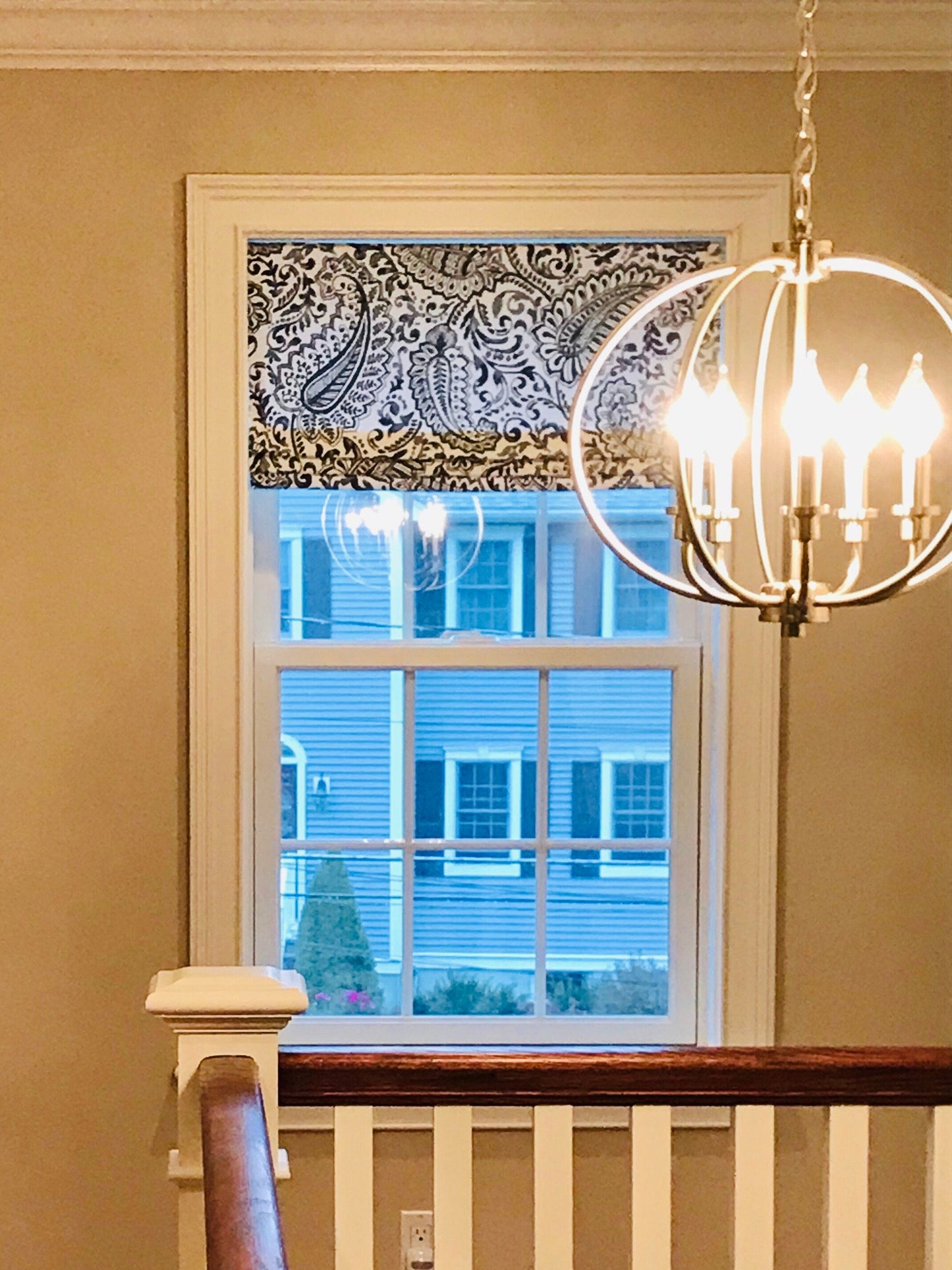 Faux Roman Shade Valance in Blue and White Floral Paisley Print, or Gray, Ecru and White Floral Paisley, Custom Made, Fully Lined Valance