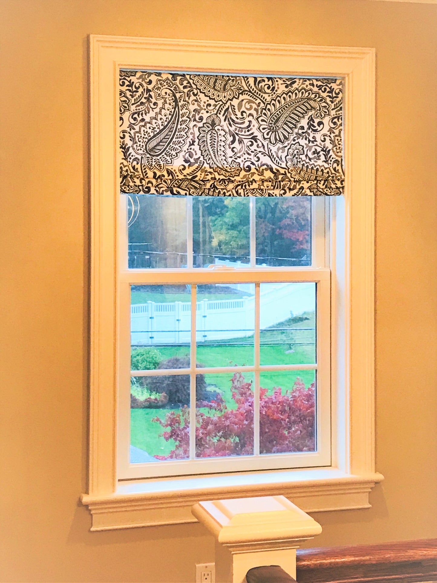 Faux Roman Shade Valance in Blue and White Floral Paisley Print, or Gray, Ecru and White Floral Paisley, Custom Made, Fully Lined Valance