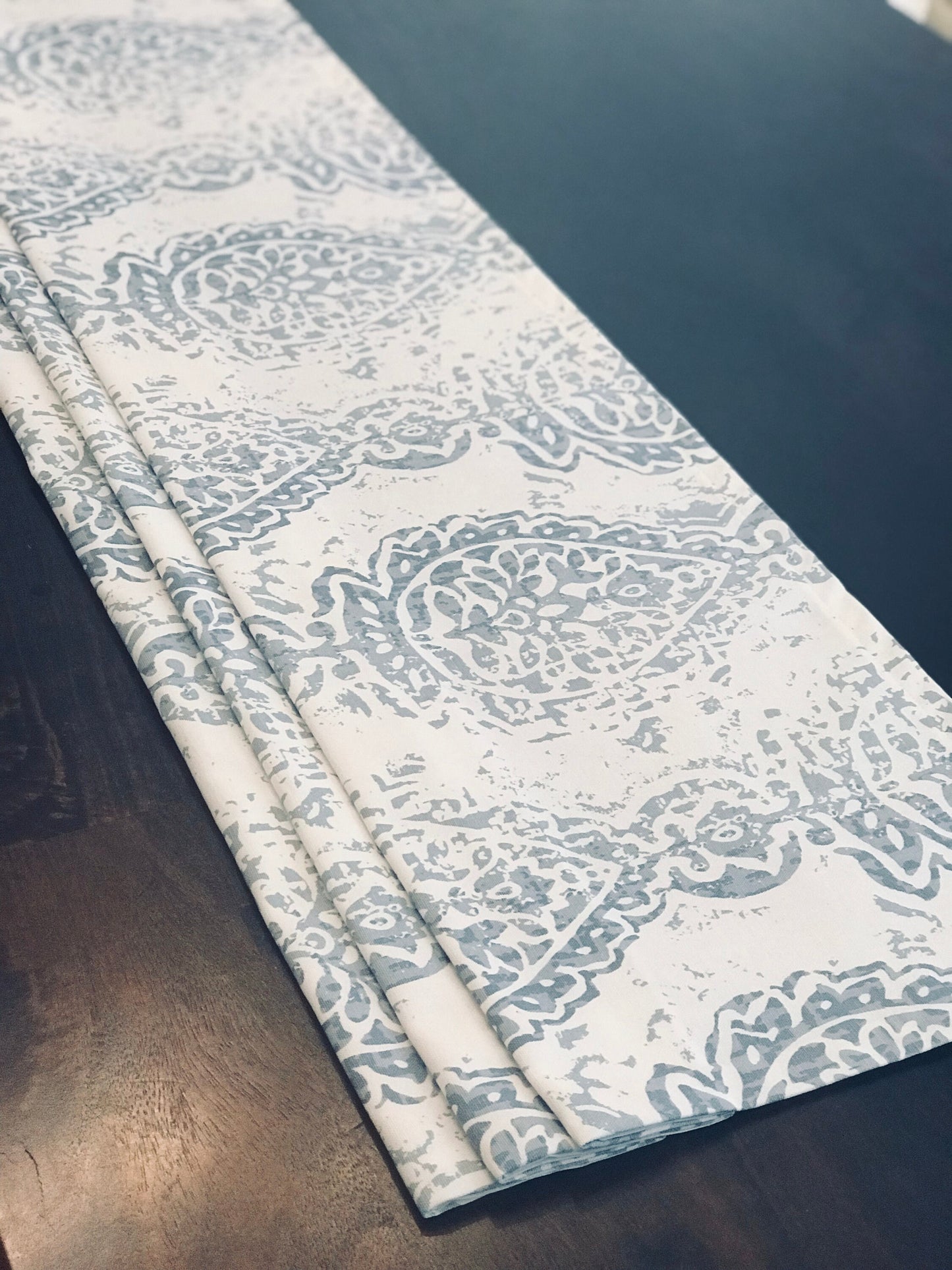 Faux Roman Shade Valance in Cashmere Blue and White Print , Fully Lined Custom Made, Floral Trellis Teardrop Window Treatments