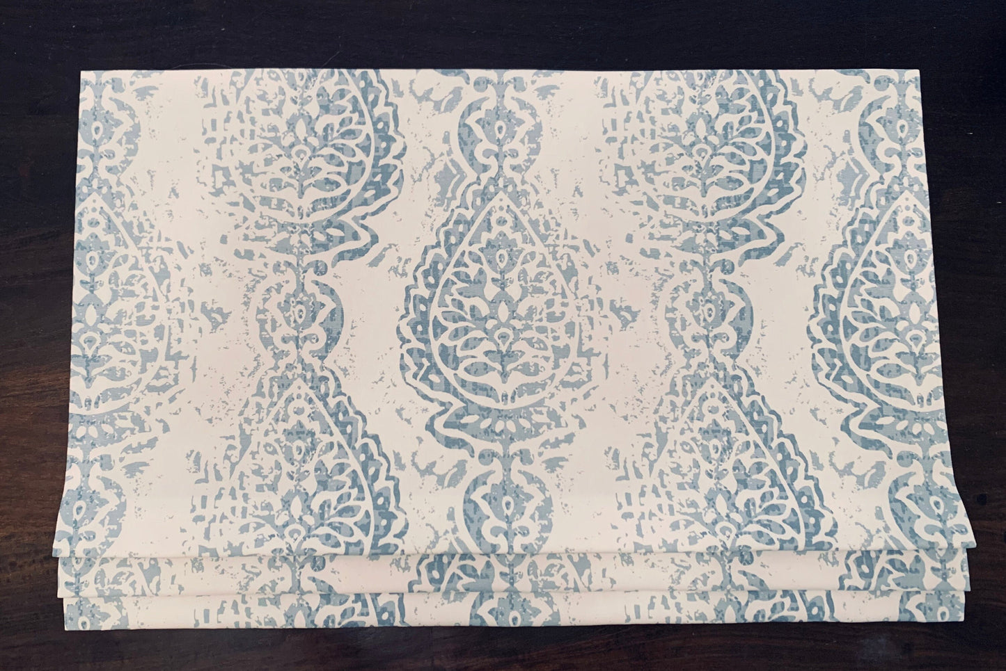 Faux Roman Shade Valance in Cashmere Blue and White Print , Fully Lined Custom Made, Floral Trellis Teardrop Window Treatments