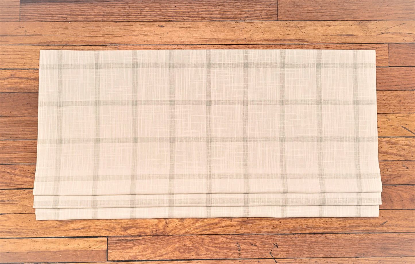 Faux Roman Shade Valance in French Grey Cotton Slub Fabric, Fully Lined, Custom Made Kitchen Valance, Aaron Check Plaid Off White Curtains