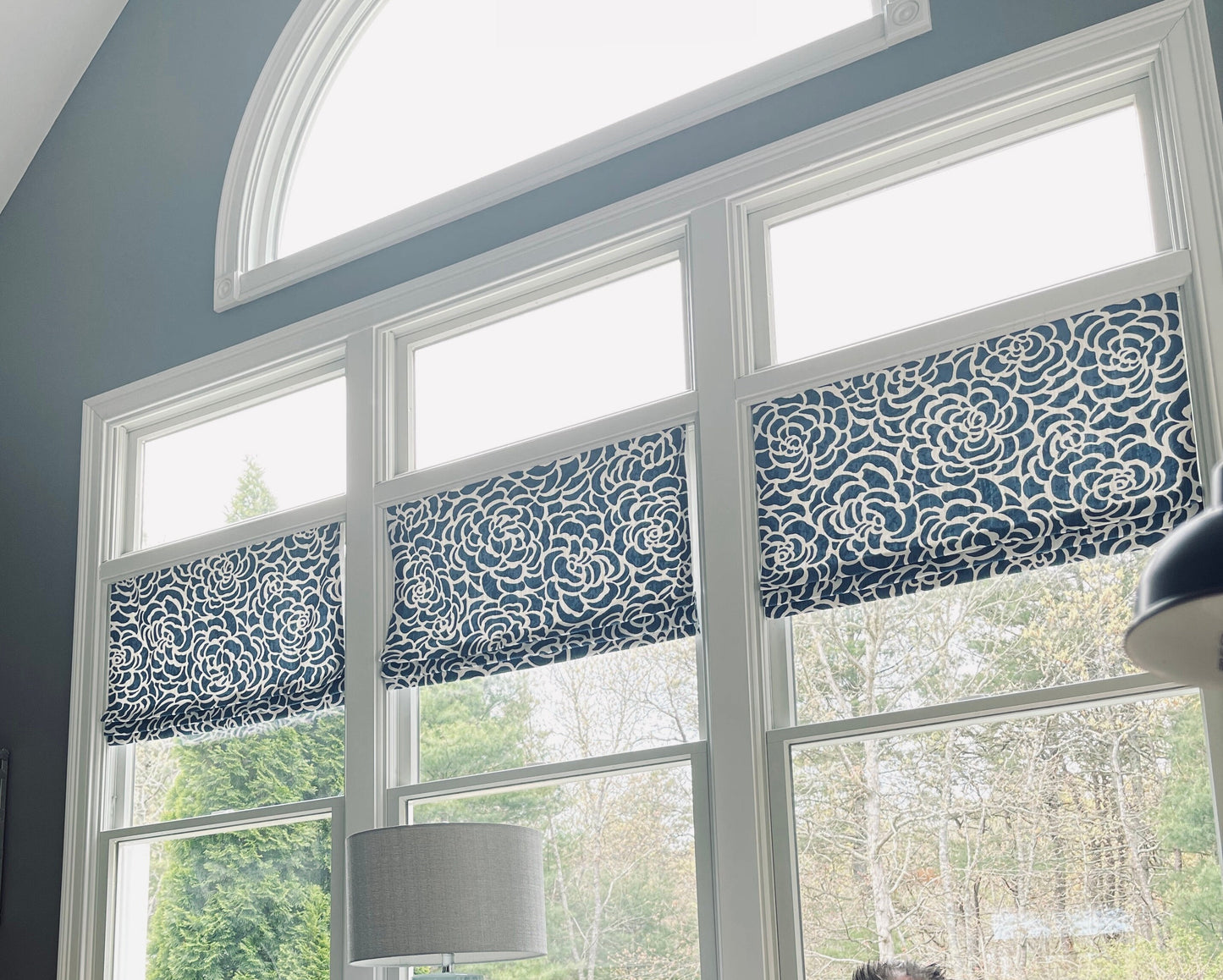 Faux Roman Shade Valance in Navy Blue and White  Floral or Caribbean Blue Floral Print Premium Cotton Linen Fabric, Fully Lined, Custom Made