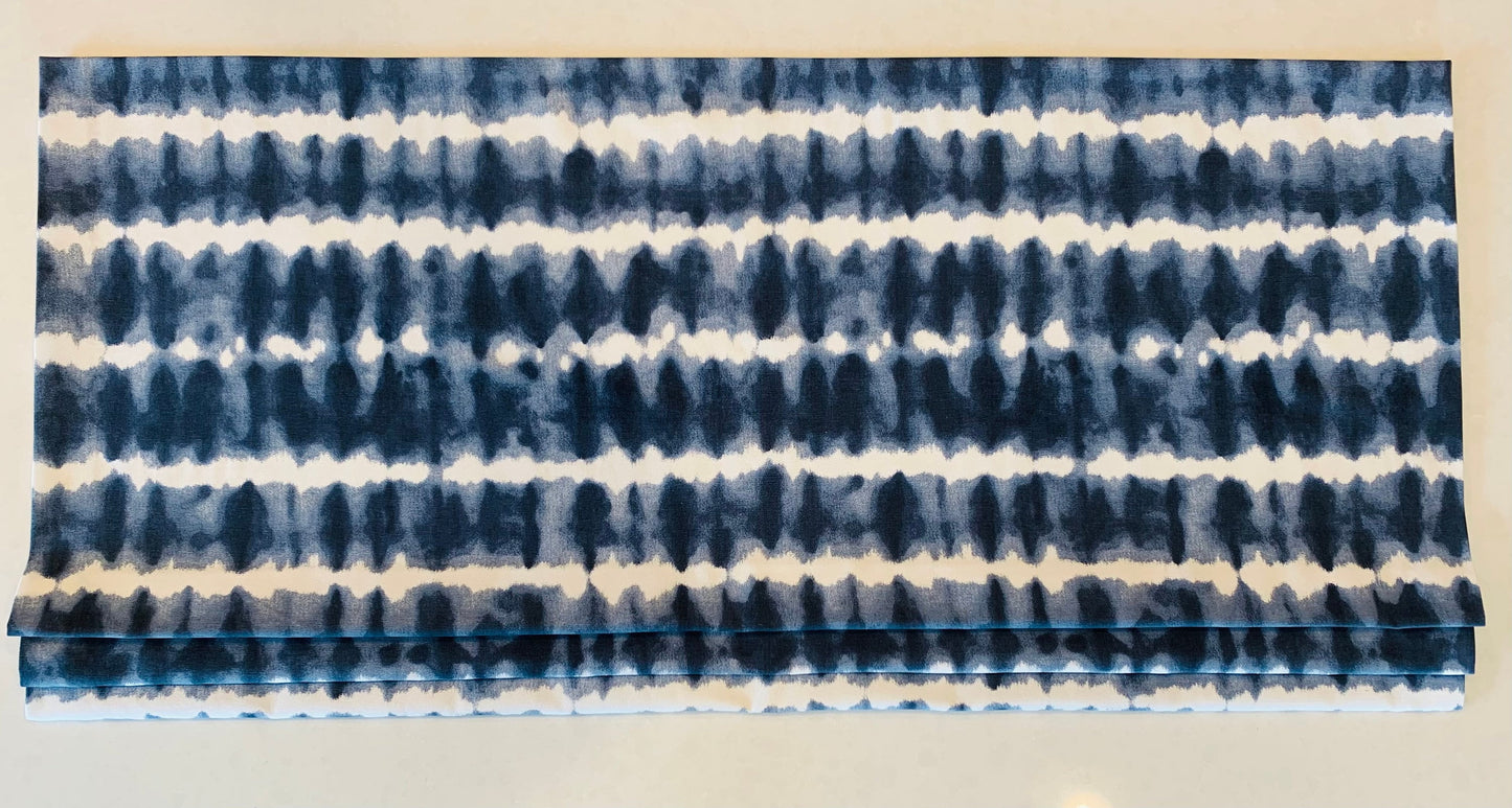 Faux Roman Shade Valance in Blue and White Tie Dye Style Stripe, Fully Lined, Custom Made, Modern Kitchen Fake Roman Valance