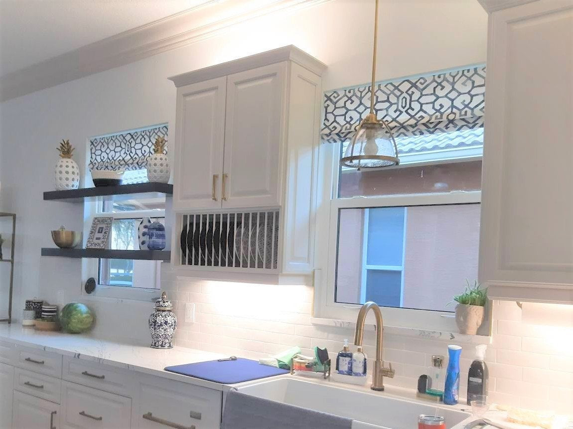Faux Roman Shade Valance in Modern Blue and White Trellis Print, Fully Lined